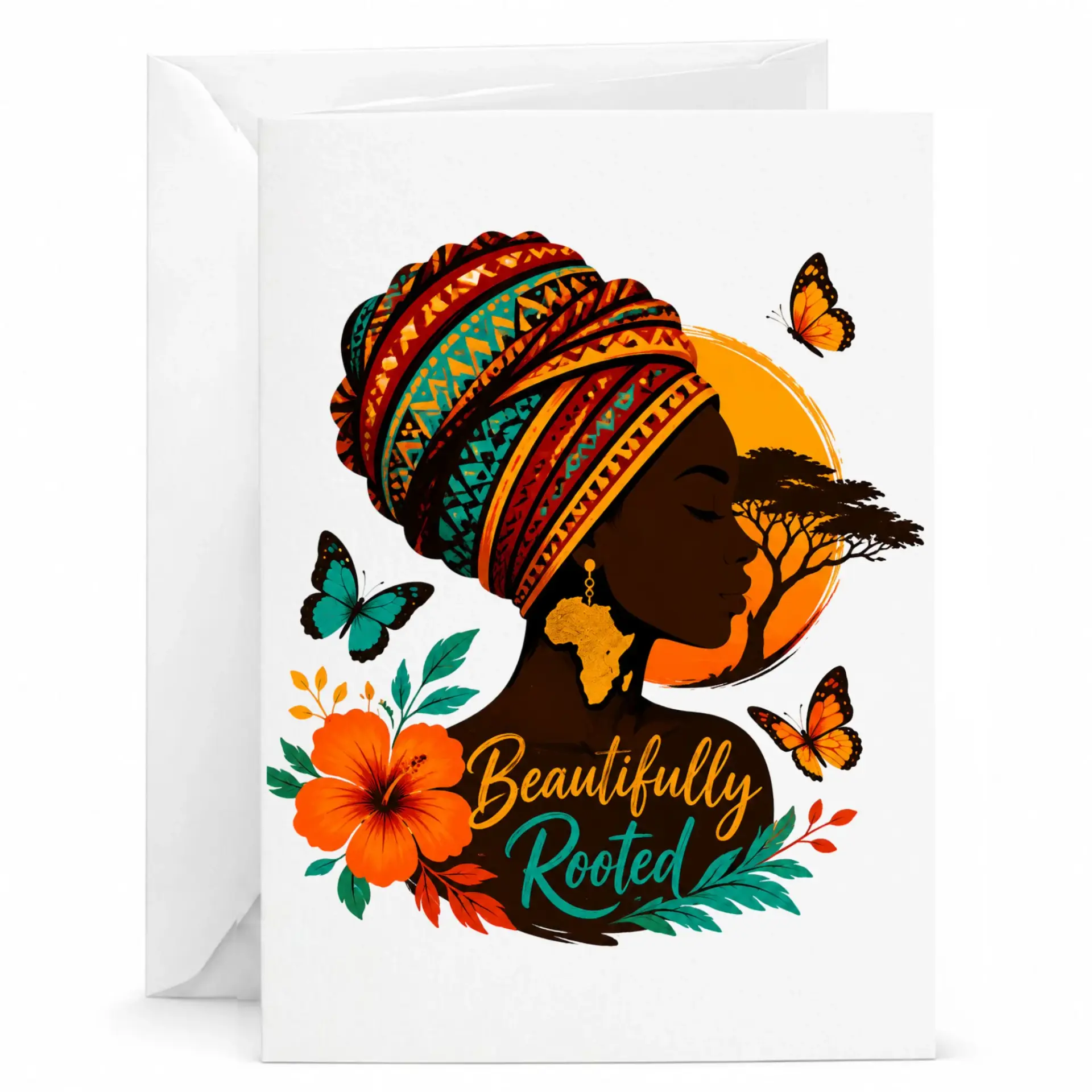 Beautifully Rooted Greeting Card Featuring African Art Style Portrait with Butterfly and Floral Accents for All Occasions