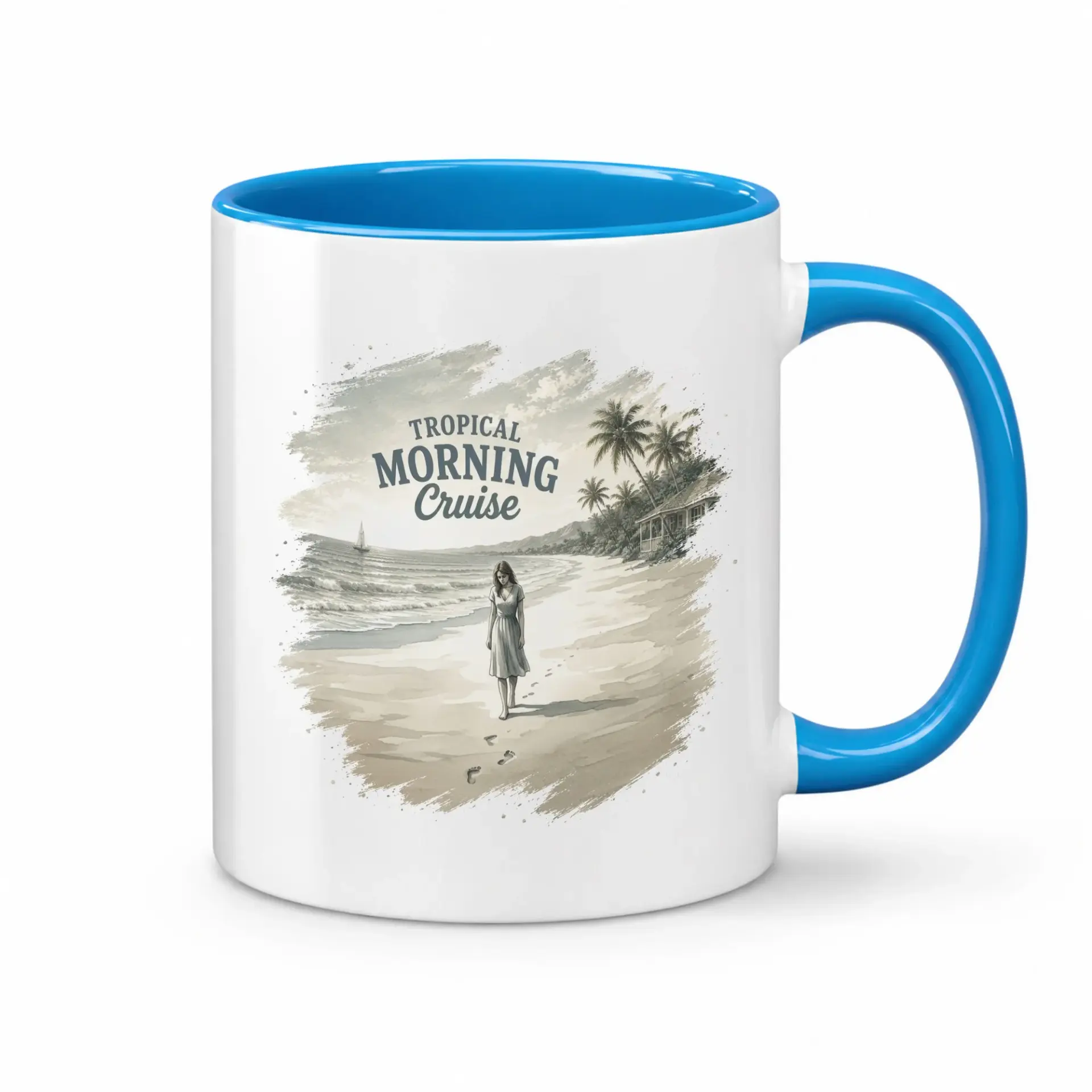 Tropical Morning Cruise Ceramic Coffee Mug with Two Blue Handle and Interior Rim for Home or Office Beverage Use