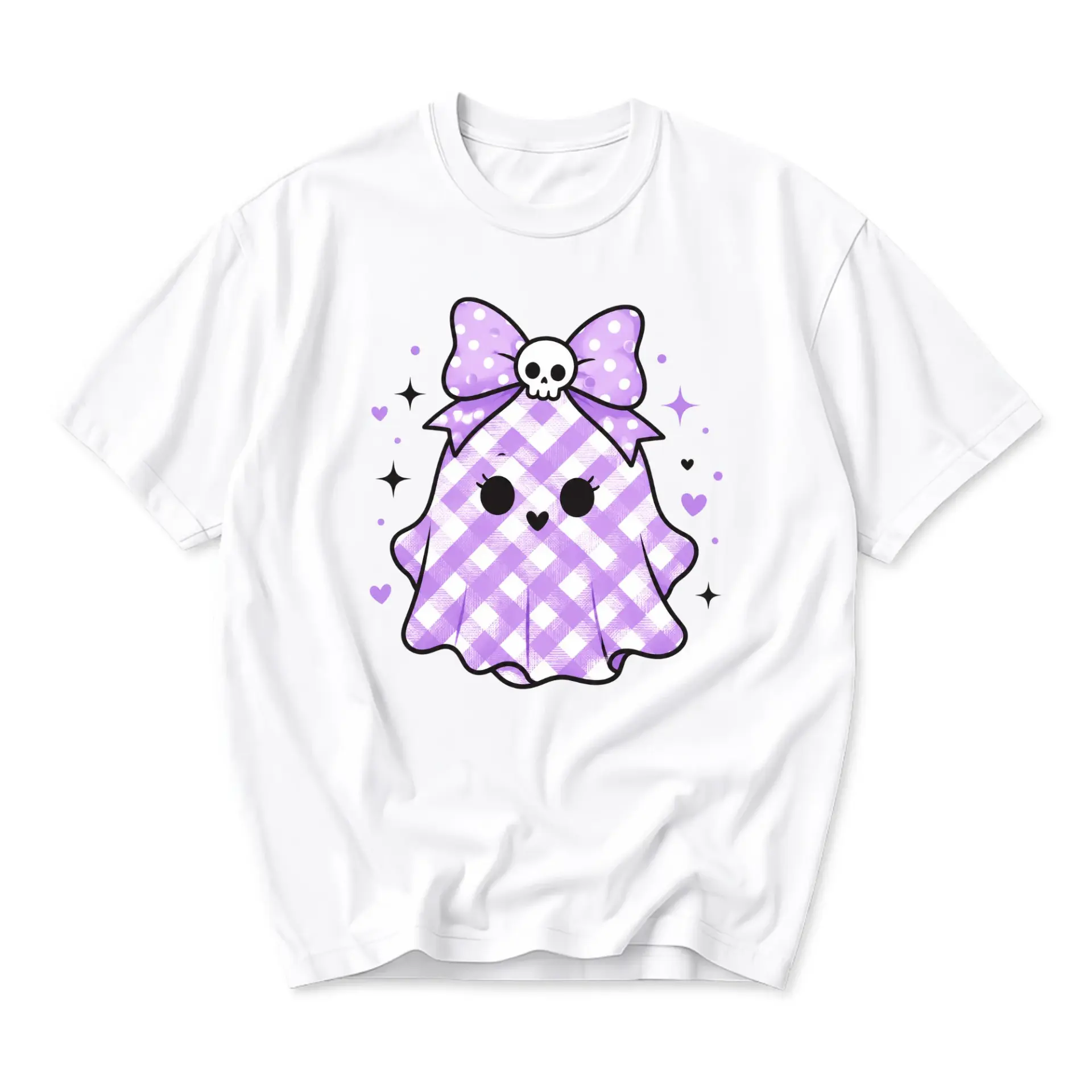 Graphic Tee Cute Purple Gingham Ghost Print Unisex Short Sleeve Crew Neck T-Shirt for Casual Everyday Wear and Style