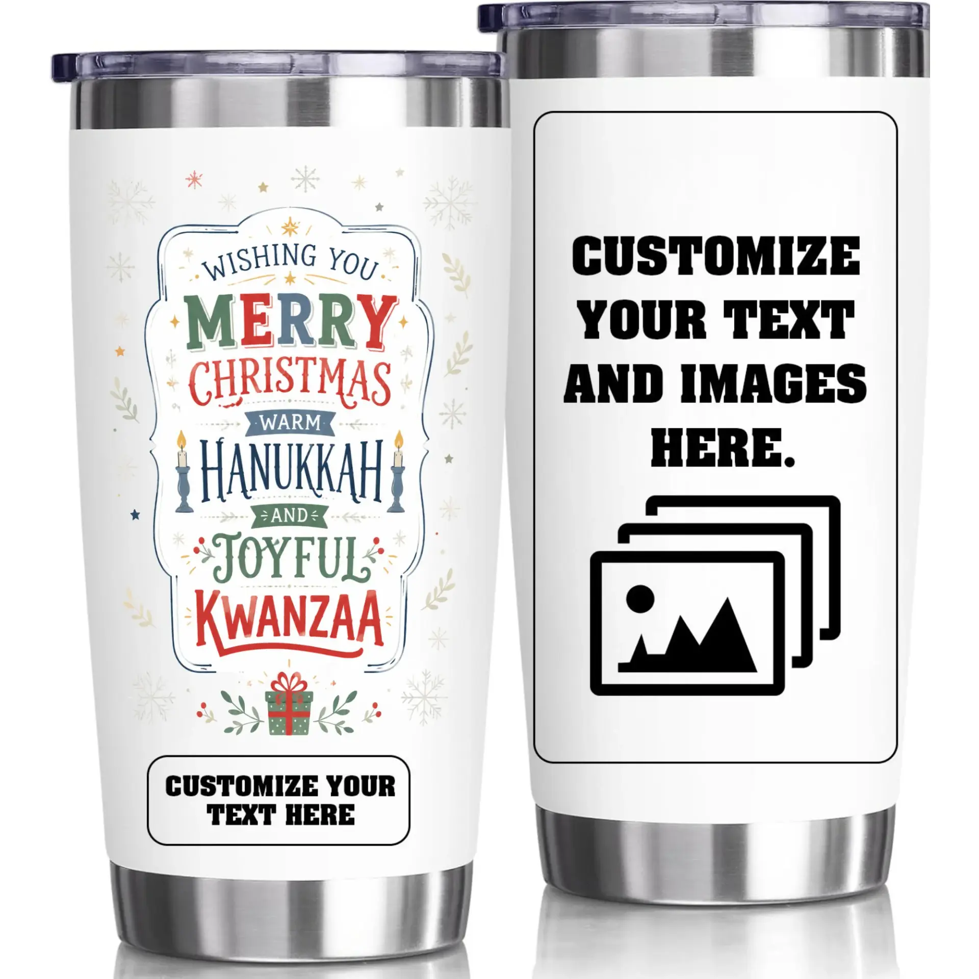 Stainless Steel Tumbler Custom Holiday Design 20oz Insulated Cup for Coffee Tea Personalized Christmas Hanukkah Kwanzaa