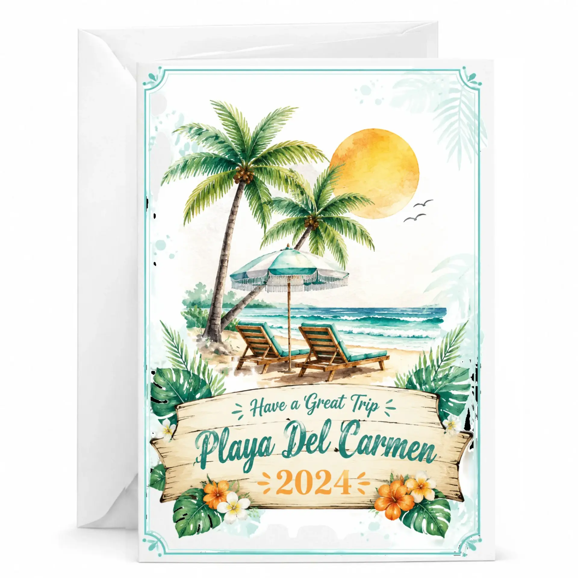 Tropical Beach Vacation Greeting Card Playa Del Carmen 2024 Design with Matching Envelope for Travel Lovers