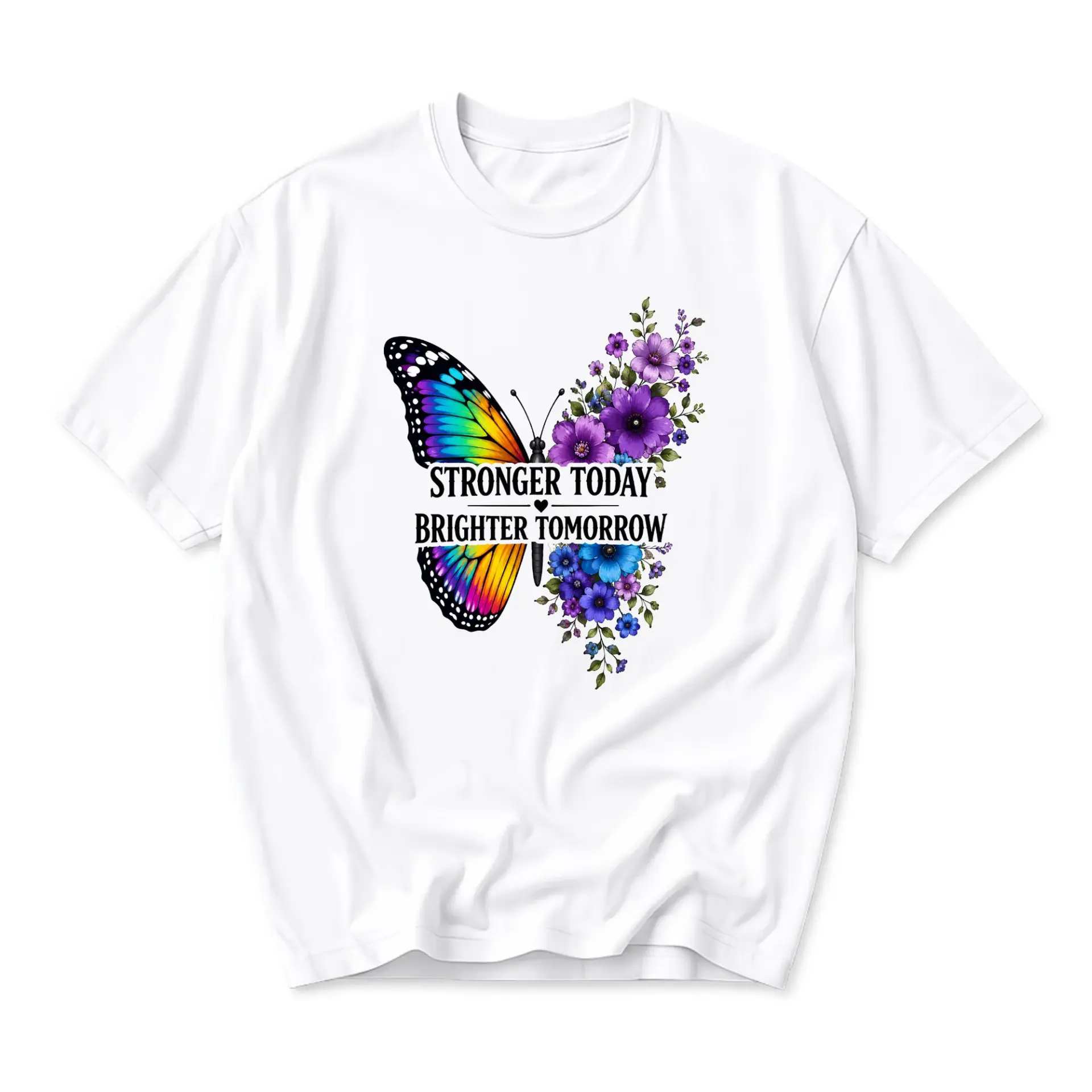 Graphic Tee Stronger Today Brighter Tomorrow Butterfly and Floral Print Unisex Casual Crew Neck Short Sleeve Shirt