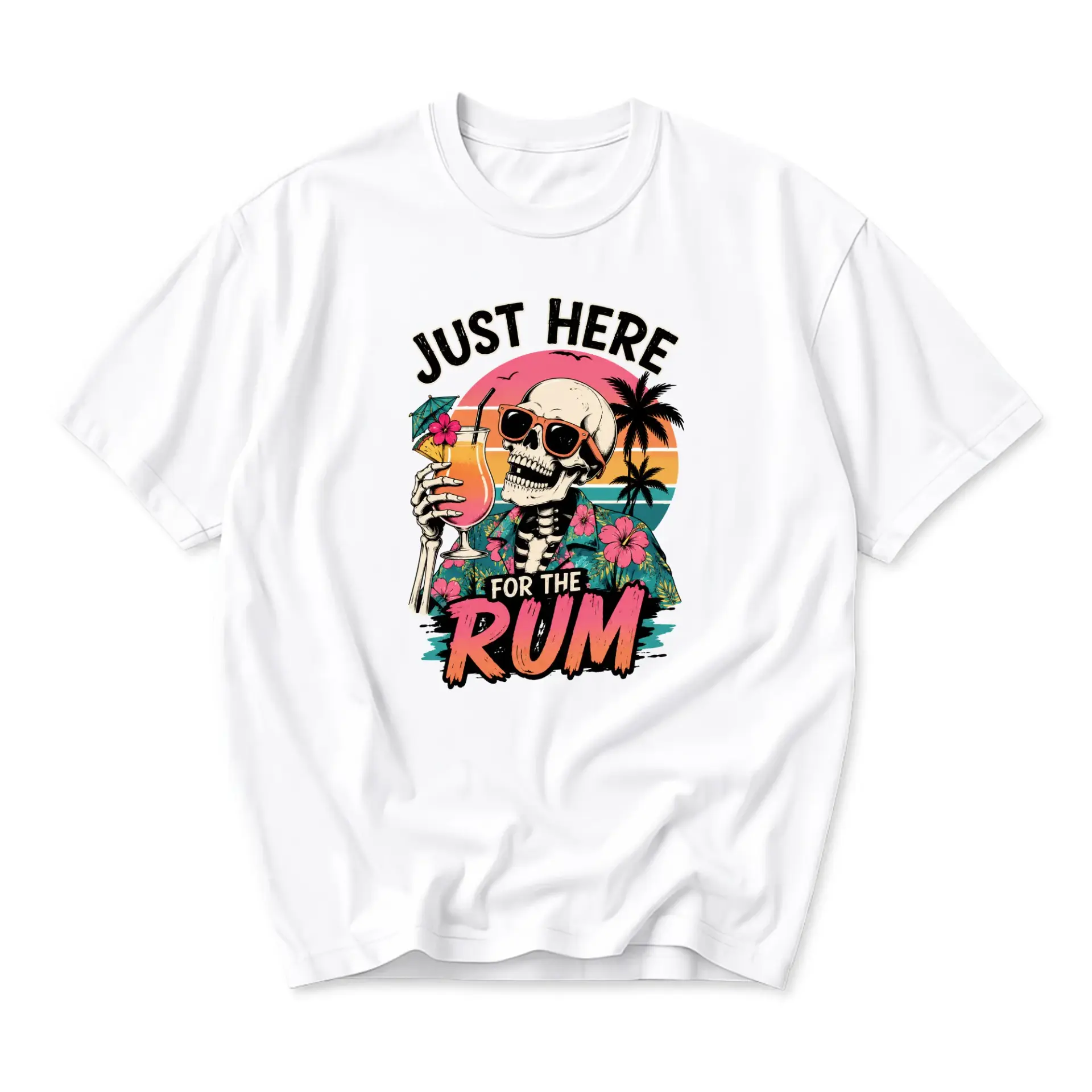 Graphic Tee Just Here for the Rum Skeleton Tropical Vacation Unisex T-Shirt Casual Short Sleeve Summer Crew Neck Top