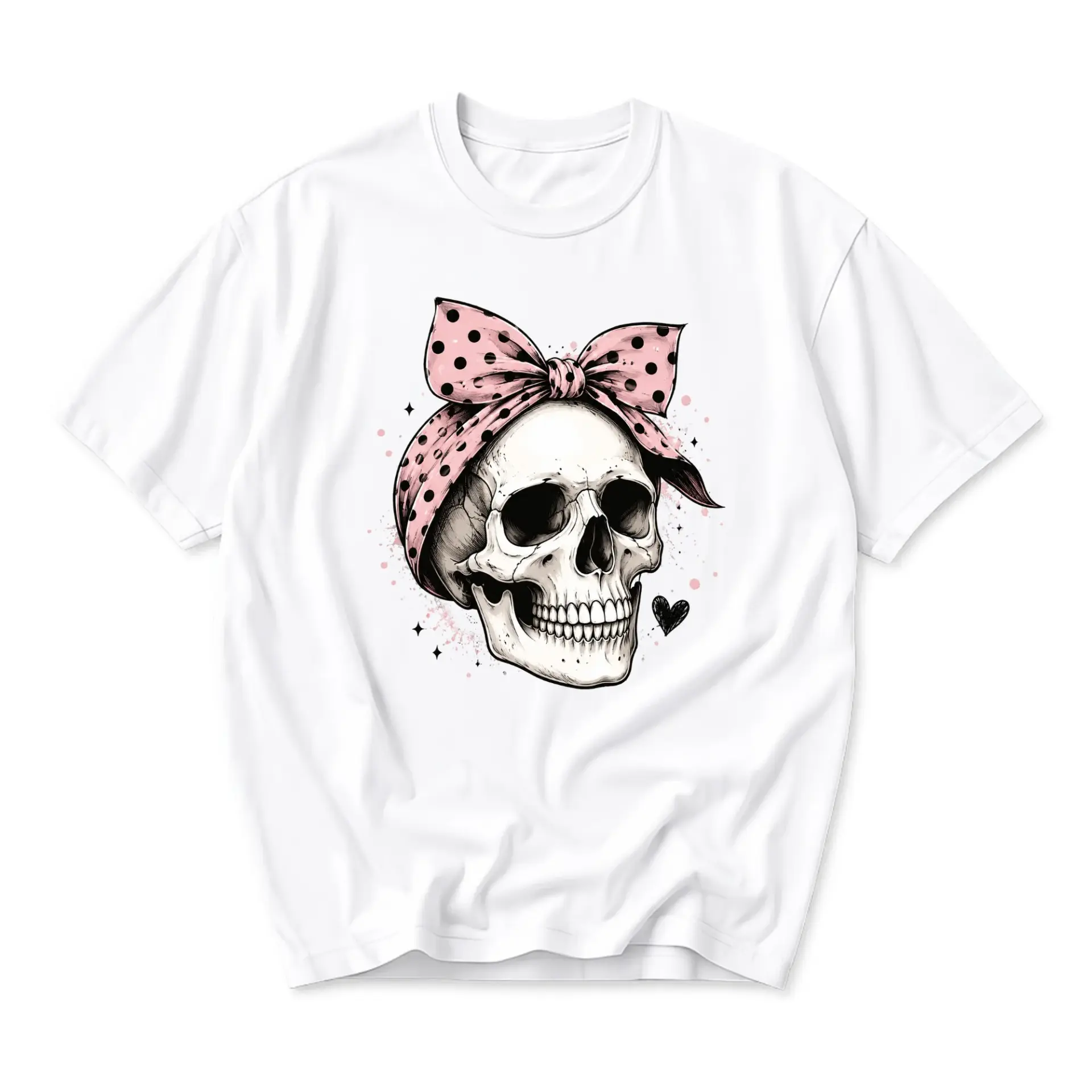 Graphic Tee Skull with Polka Dot Bow Unisex Casual Cotton Shirt for Everyday Wear and Unique Artistic Style Statement