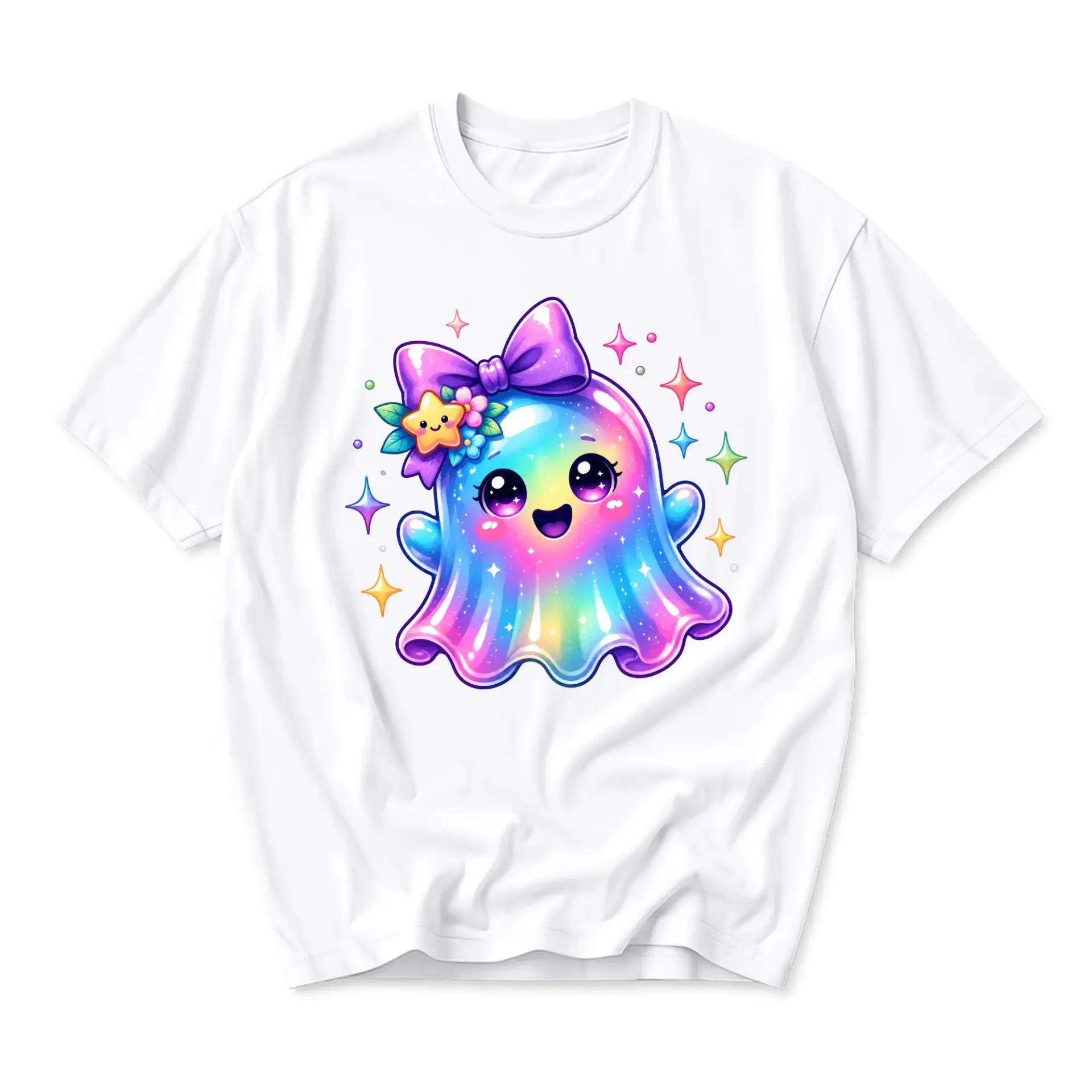 Graphic Tee Unisex Rainbow Ghost T-Shirt Cute Pastel Aesthetic Crew Neck Casual Everyday Top for Men and Women