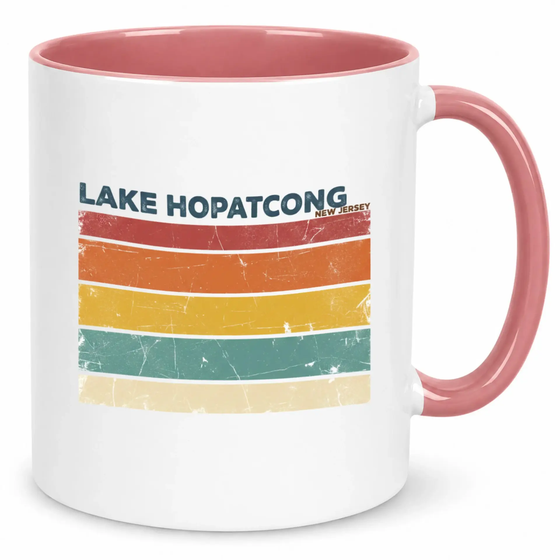 Lake Hopatcong New Jersey Retro Striped Ceramic Coffee Mug | Vintage Style Location Souvenir Drinkware for Home and Office