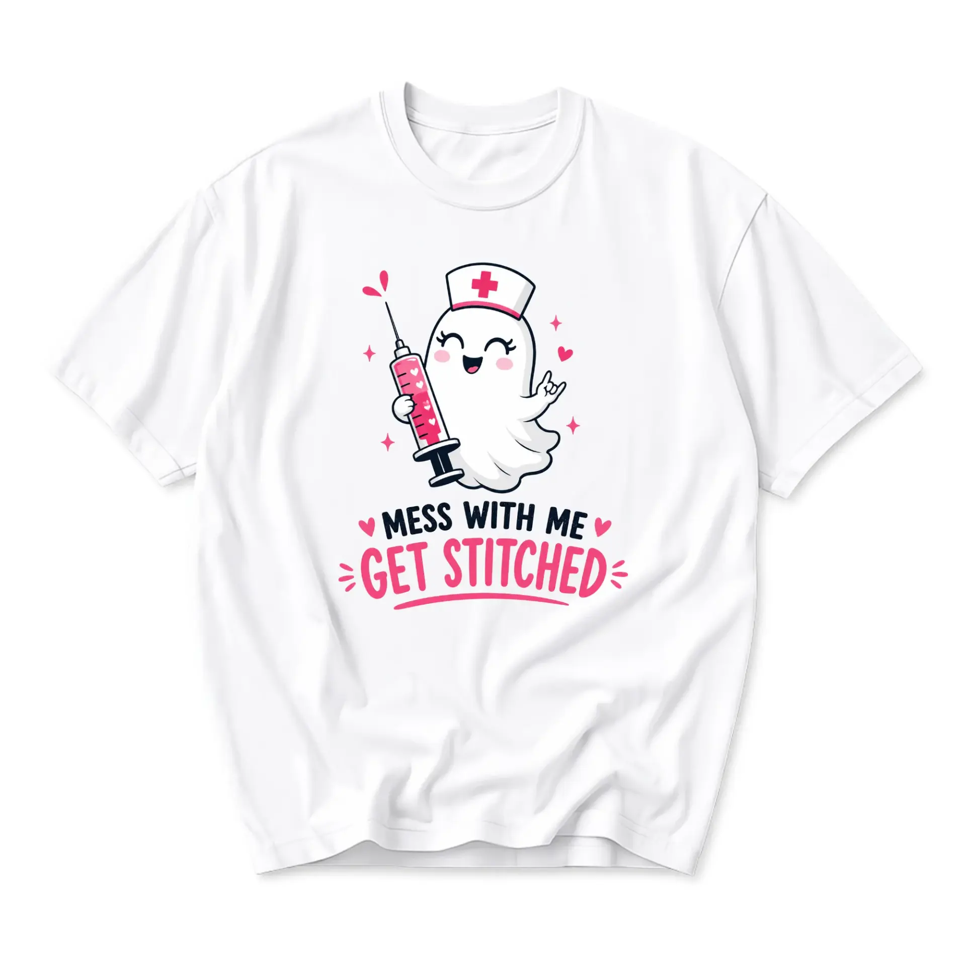 Funny Shirt Graphic Tee Unisex Ghost Nurse with Syringe Mess with Me Get Stitched Casual Crew Neck Short Sleeve Top