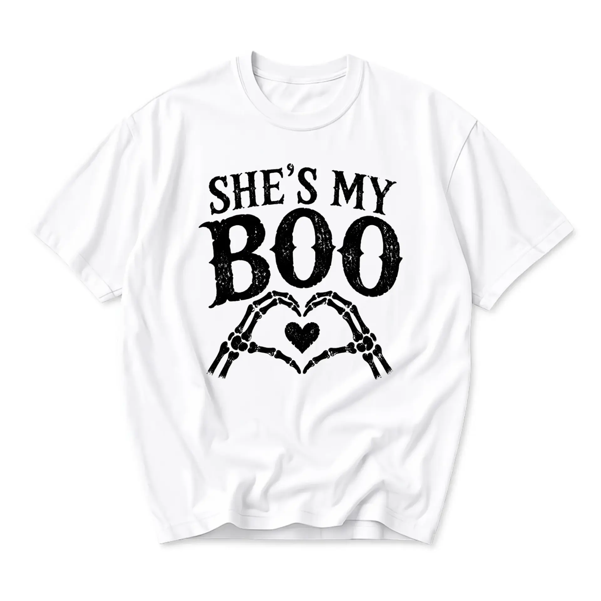 Graphic Tee Unisex Crew Neck T-Shirt She Is My Boo Skeleton Heart Design Comfortable Cotton Blend Casual Apparel