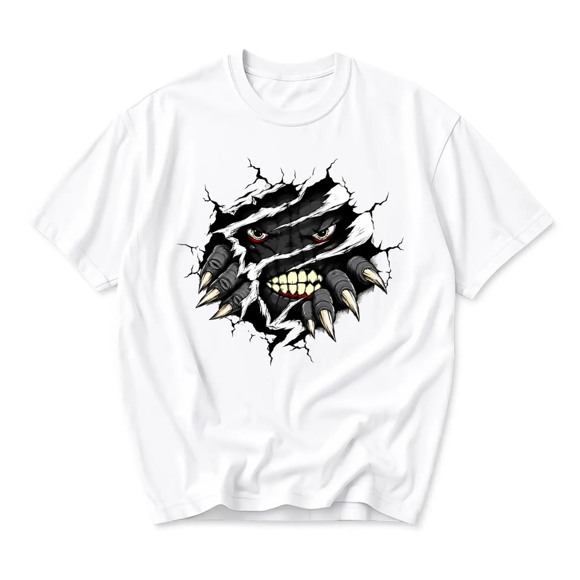 Graphic Tee Unisex Crew Neck T-Shirt Featuring a Ferocious Monster Claw Ripping Through a Cracked Wall Artistic Print