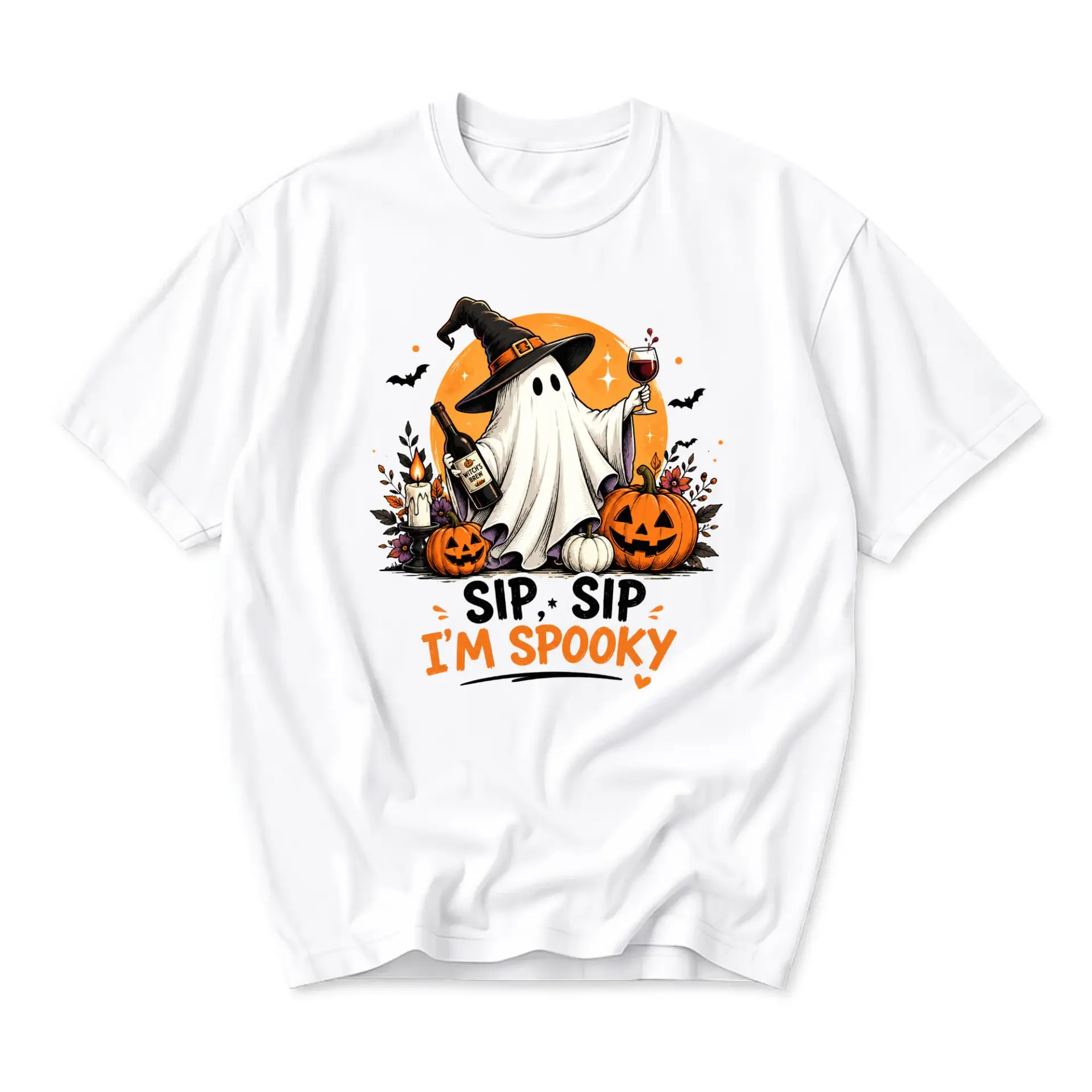 Funny Shirt Sip Sip I'm Spooky Ghost Graphic Tee Seasonal Holiday Unisex Crew Neck Casual Everyday Wear Soft Cotton