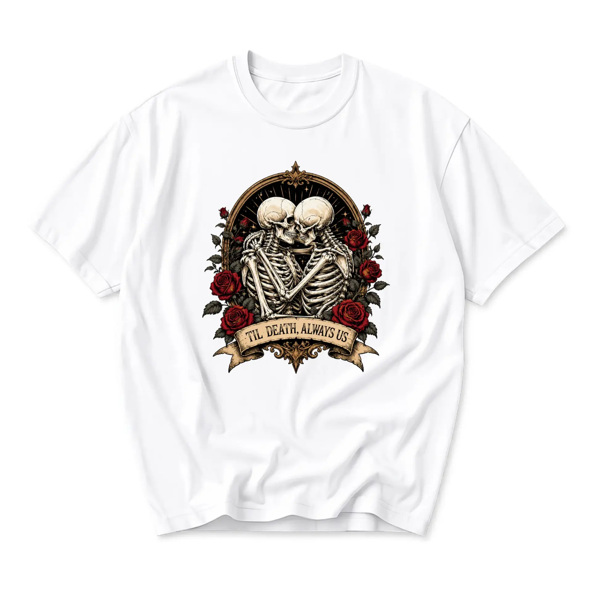 Graphic Tee Til Death Always Us Skeleton Lovers Rose Frame Print Unisex Crew Neck Casual Cotton Shirt Short Sleeve