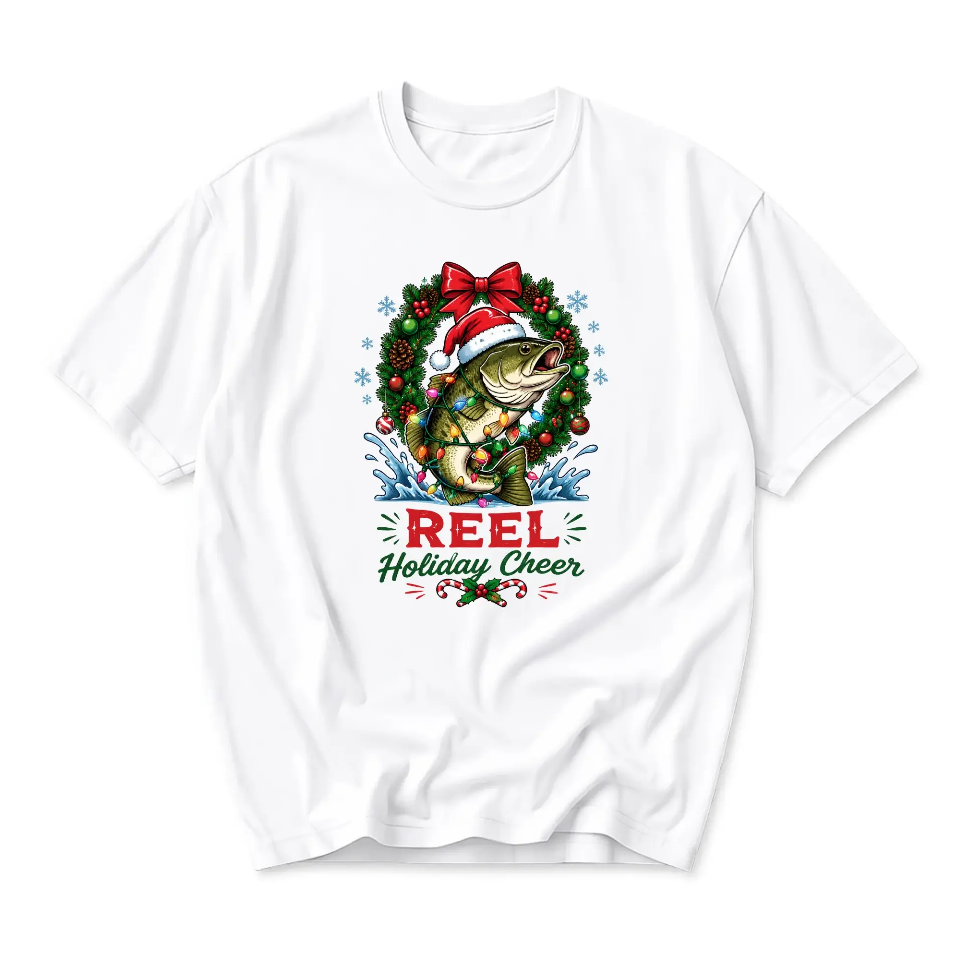 Funny Shirt Reel Holiday Cheer Fishing Graphic Tee Festive Fish Christmas Present Unisex Crew Neck T-Shirt