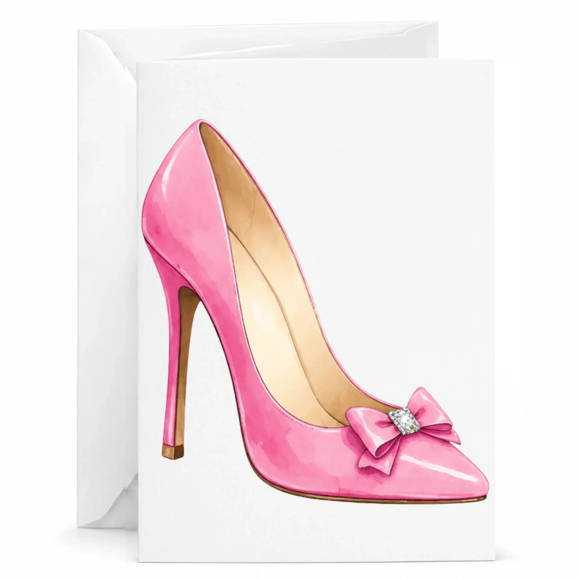 Greeting Card with Elegant Pink Stiletto High Heel Fashion Illustration and Decorative Bow Design for Special Occasions