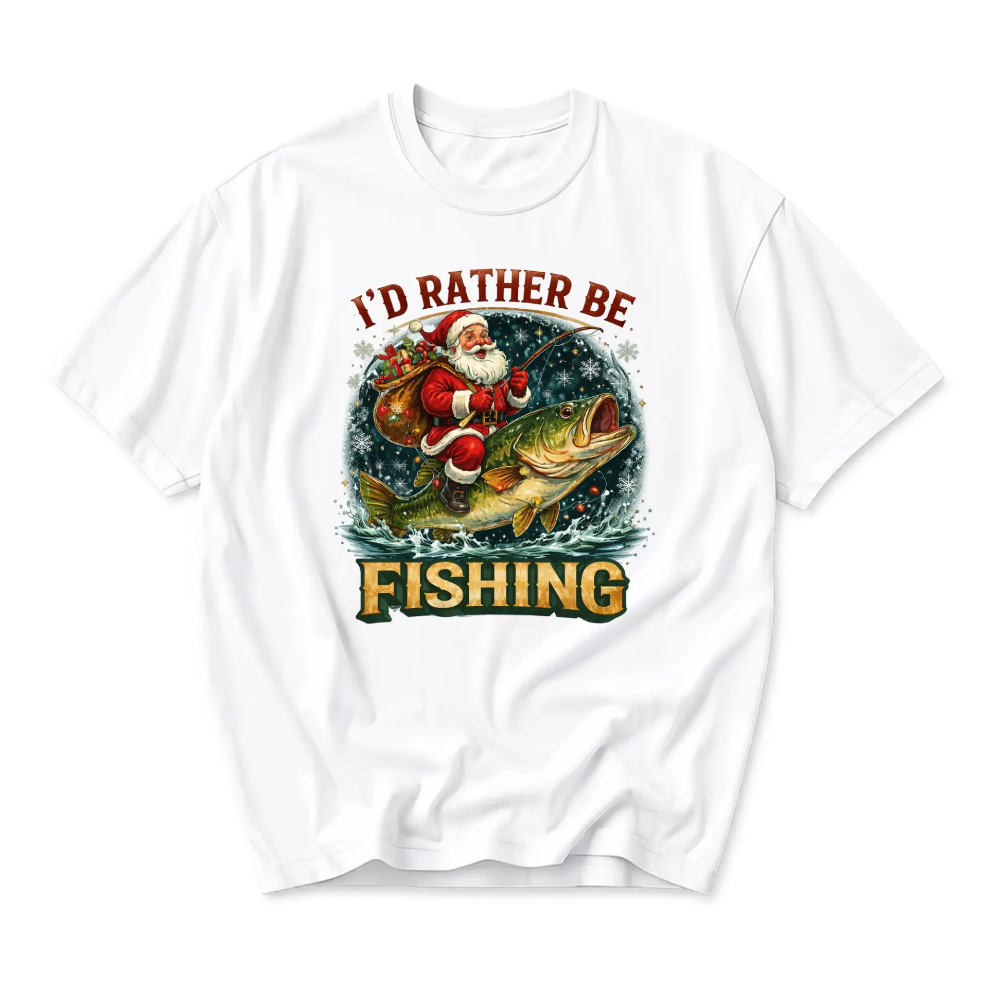 Funny Shirt I Would Rather Be Fishing Featuring Santa Claus Riding a Giant Fish Graphic Holiday Seasonal Casual Tee