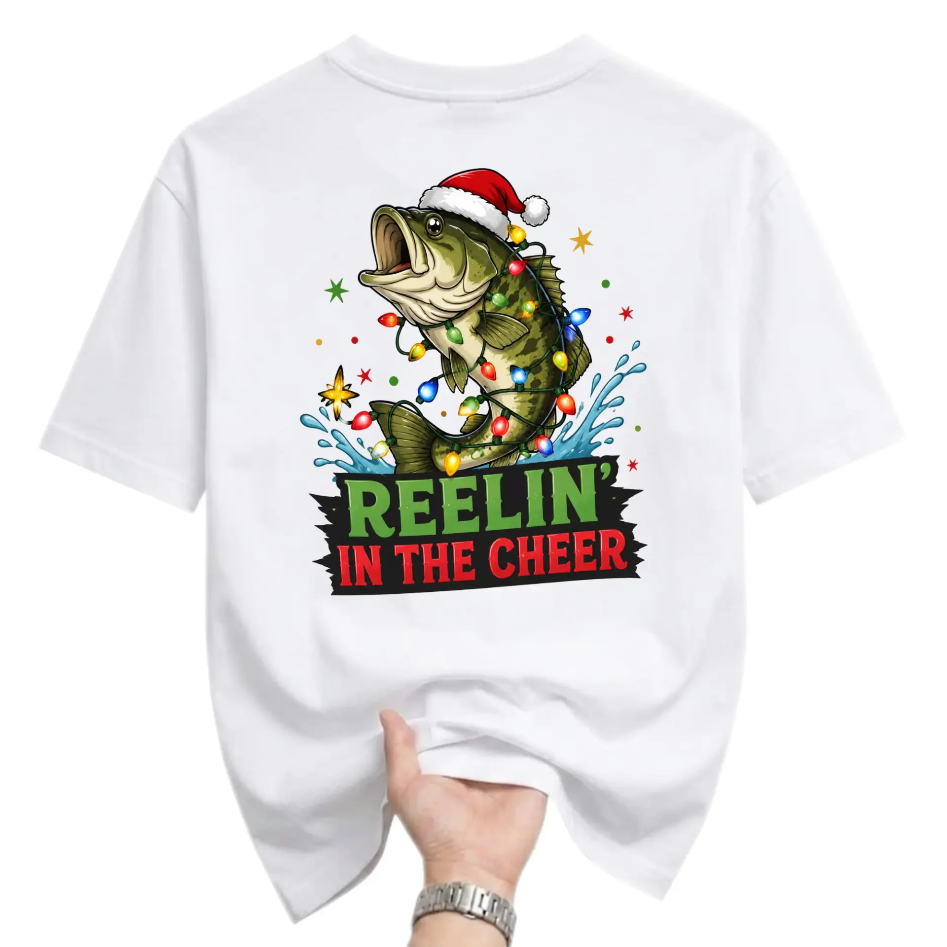 Graphic Tee Reelin in the Cheer Bass Fish Christmas Holiday Unisex Crew Neck Casual Everyday Short Sleeve T-Shirt