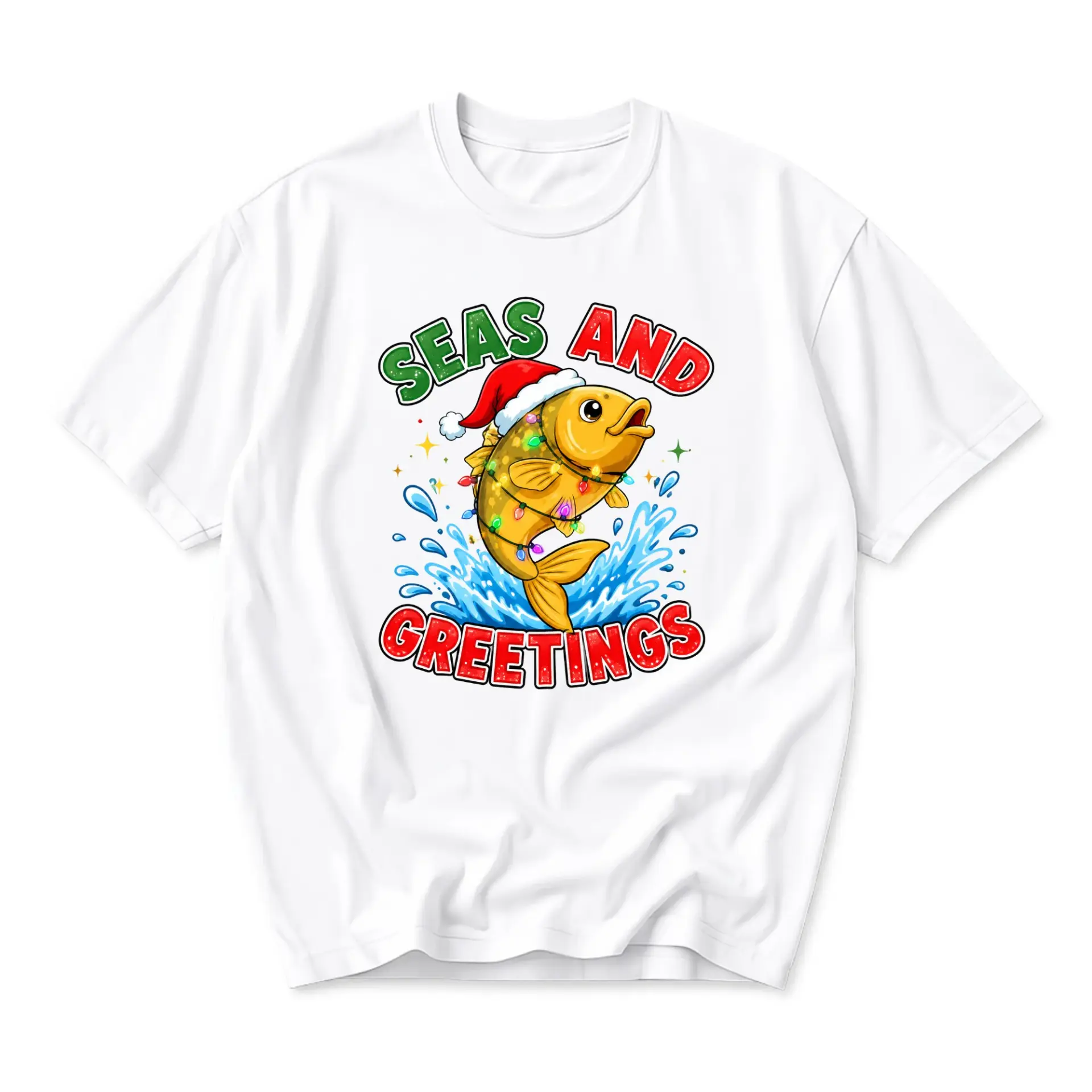 Funny Shirt Seas and Greetings Christmas Fish Graphic T-Shirt Casual Unisex