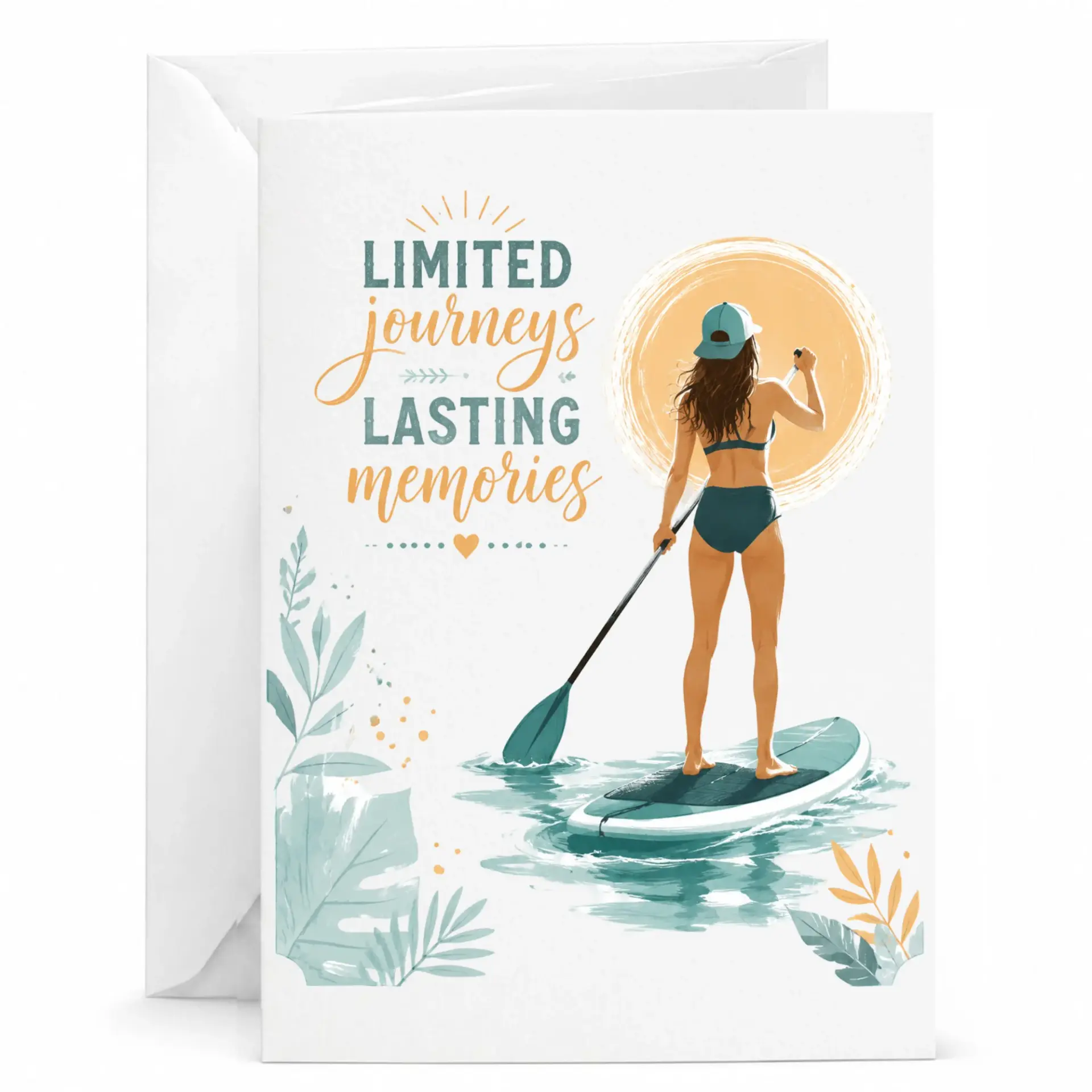 Greeting Card Limited Journeys Lasting Memories Featuring Paddleboarder Artwork with Matching White Envelope 5x7 Inches
