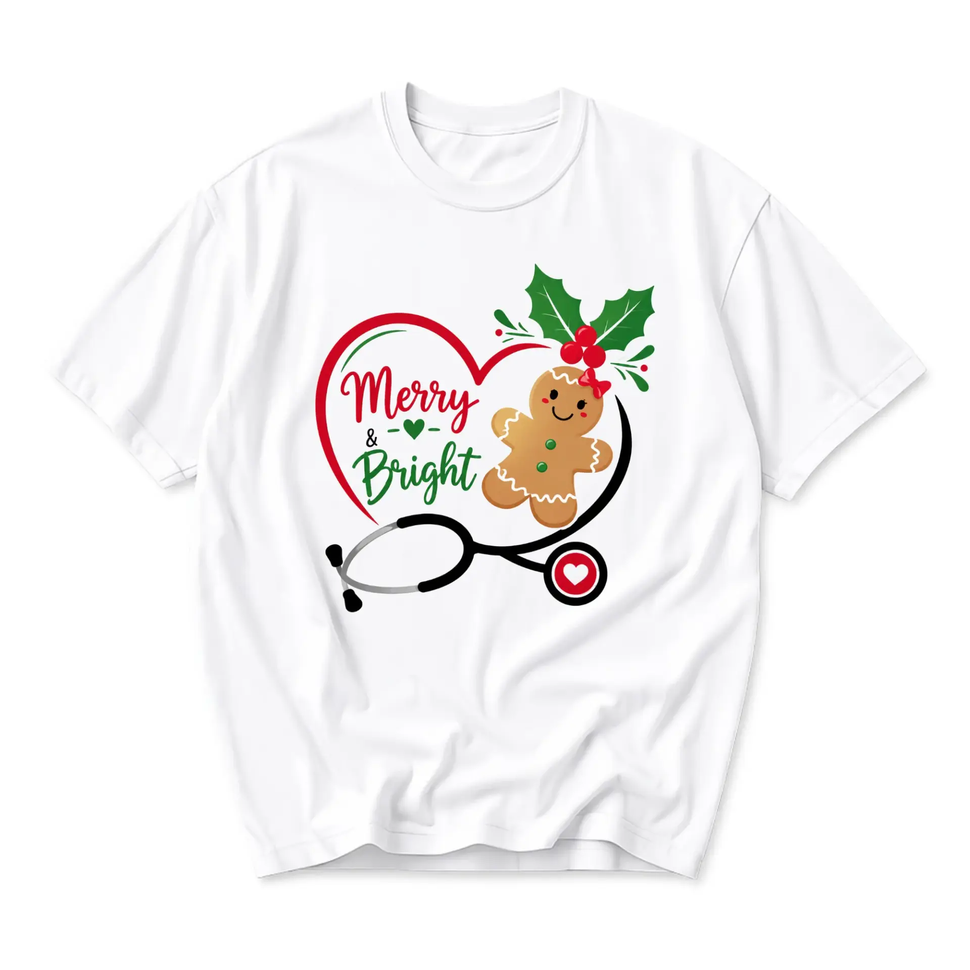 T-shirt Merry and Bright Gingerbread Nurse Stethoscope Graphic Tee Holiday Seasonal Casual Apparel for Healthcare