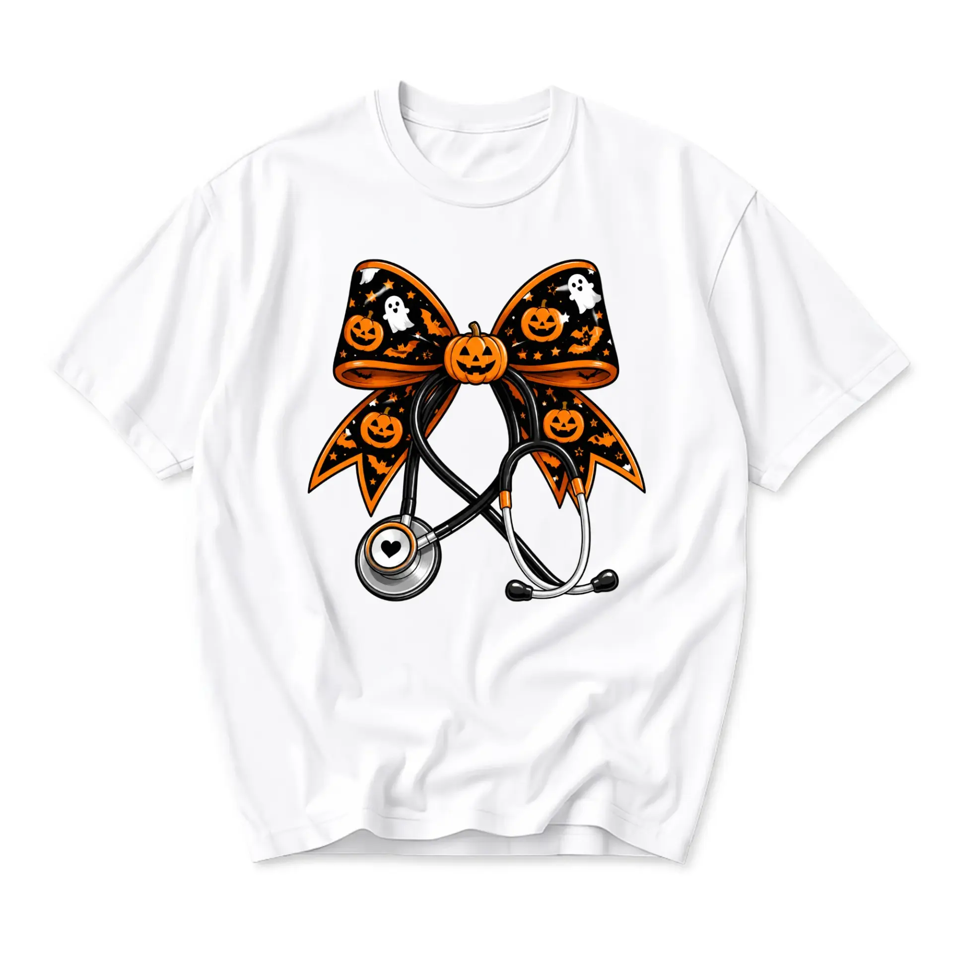 Graphic Tee Halloween Stethoscope Bow Print Unisex Crew Neck Cotton Blend T-Shirt for Medical Professional Casual