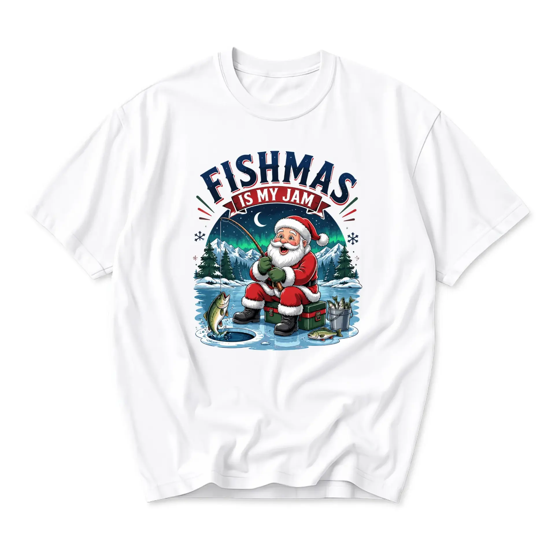 Funny Shirt Fishmas Is My Jam Graphic Tee Unisex Holiday Crew Neck Cotton Casual Short Sleeve Seasonal Fishing Top