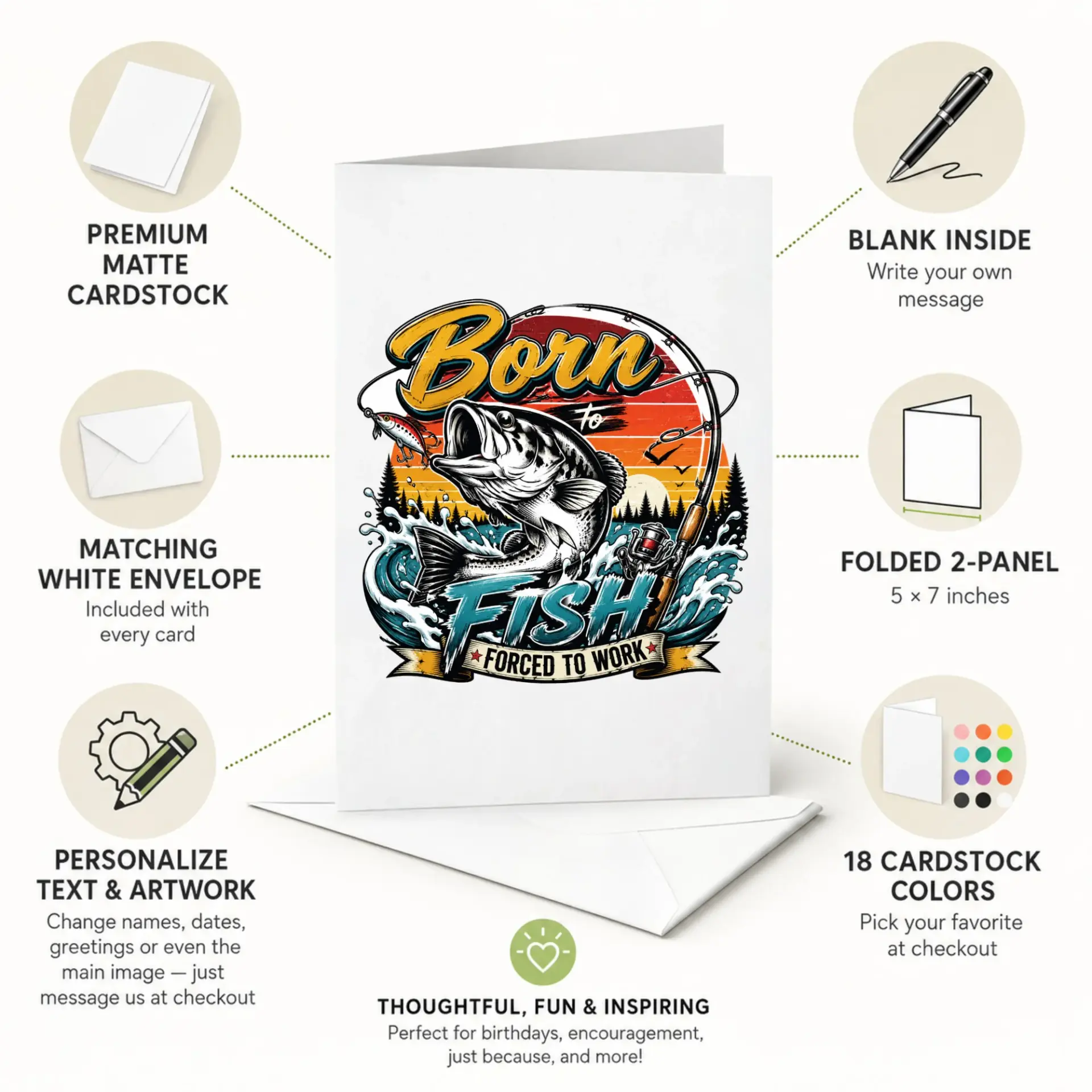 Funny Fishing Greeting Card Born to Fish Forced to Work Design for Outdoor Enthusiasts and Anglers 5x7 Inches