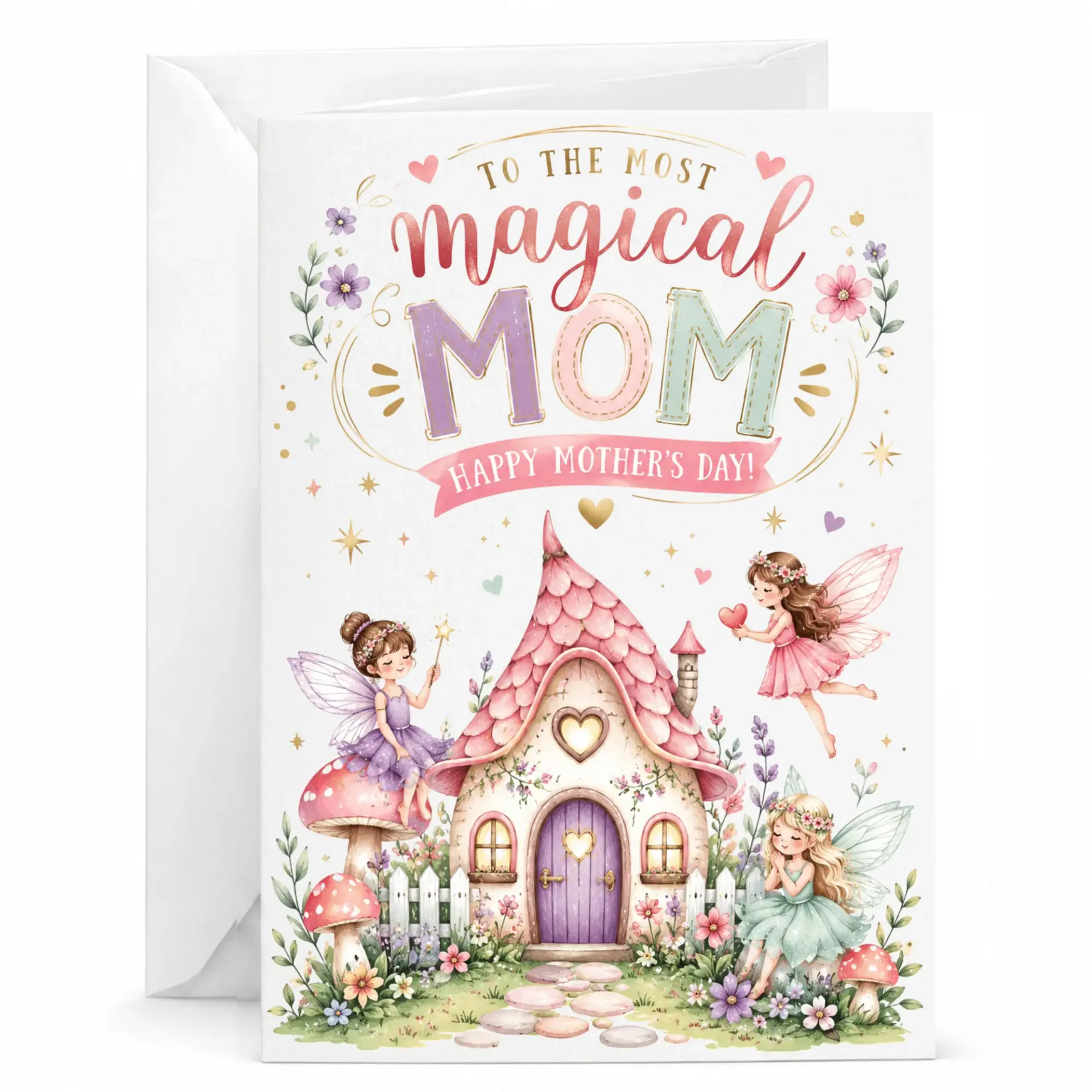 Greeting Card for Mom Magical Fairy Cottage Theme Mother's Day with Matching Envelope 5x7 Inches