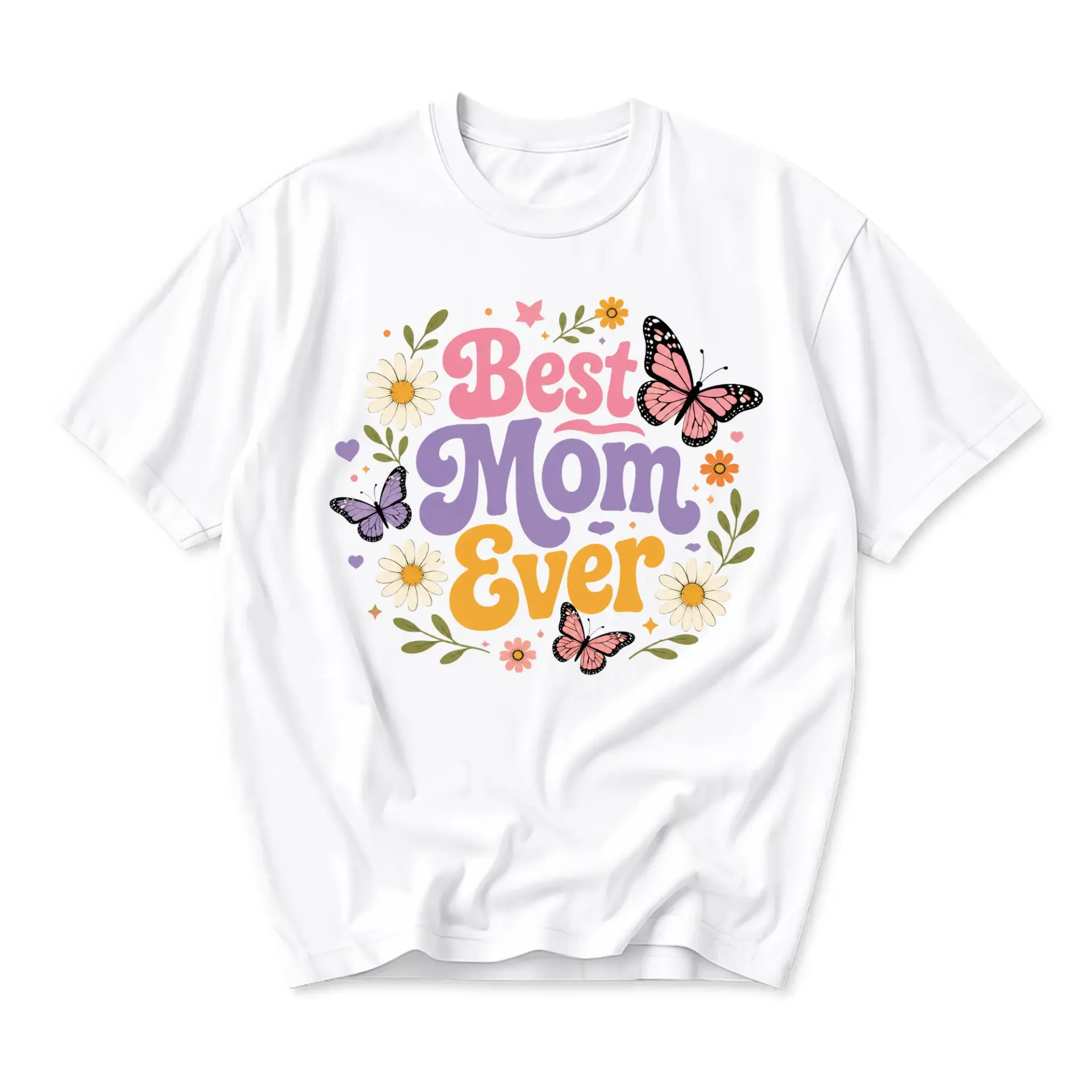 Graphic Tee Best Mom Ever Floral Butterfly Design Unisex Crew Neck Short Sleeve Cotton Casual Comfort Shirt