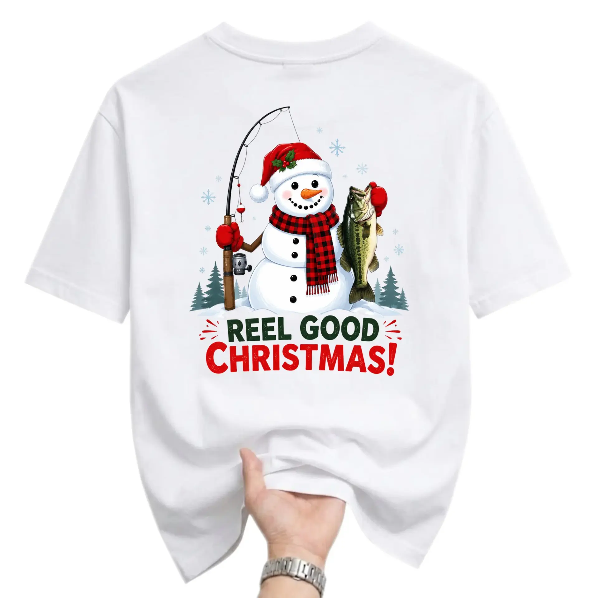 Funny Shirt Reel Good Christmas Graphic Tee Snowman Fishing Holiday Unisex Casual Cotton Crew Neck Top