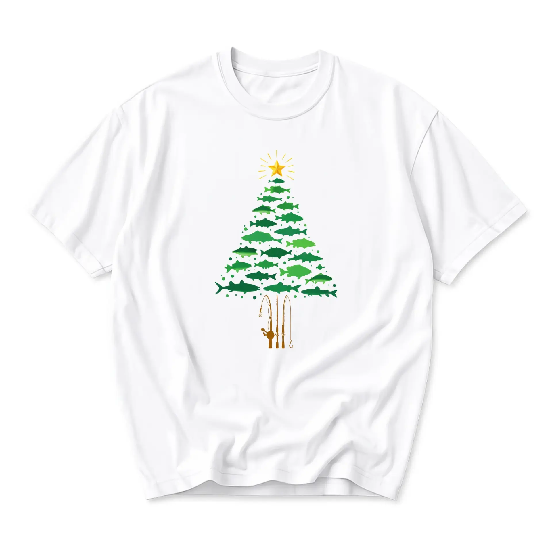 T-shirt Fishing Christmas Tree Graphic Print Unisex Casual Cotton Crew Neck