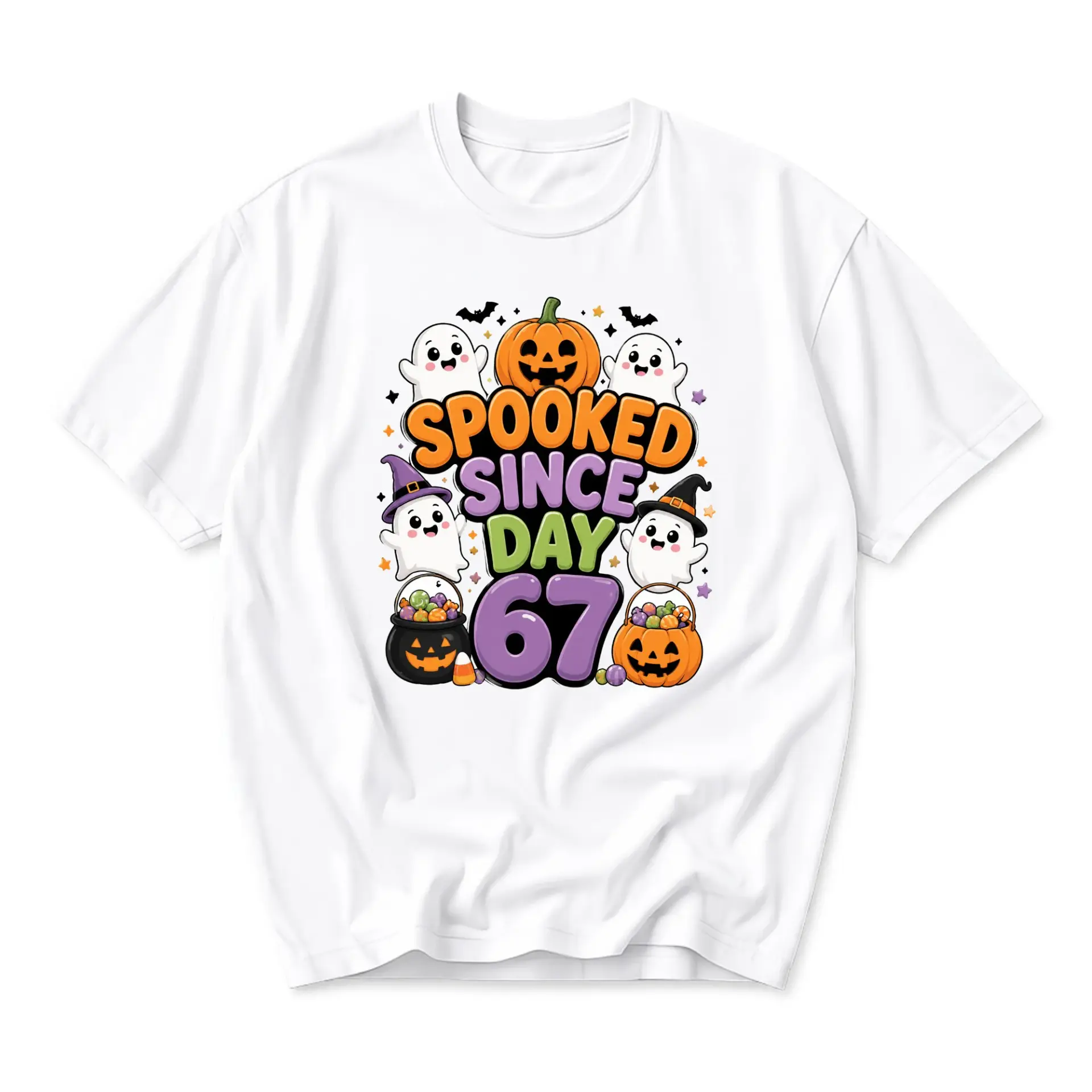Funny Shirt Spooked Since Day 67 Halloween Graphic Tee Cute Ghost Pumpkin Design Unisex Crew Neck Casual Cotton Top