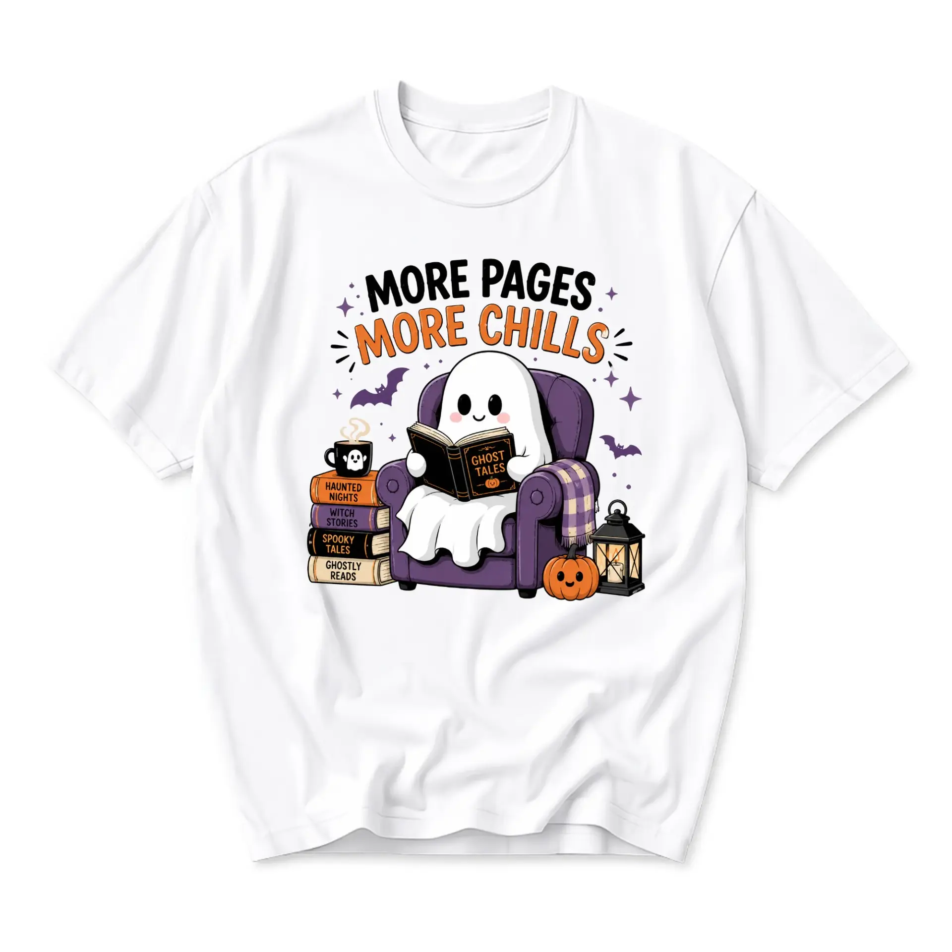 Graphic Tee More Pages More Chills Ghost Reading Book Shirt Cute Autumn Spooky Season Unisex Crew Neck Casual Cotton Top