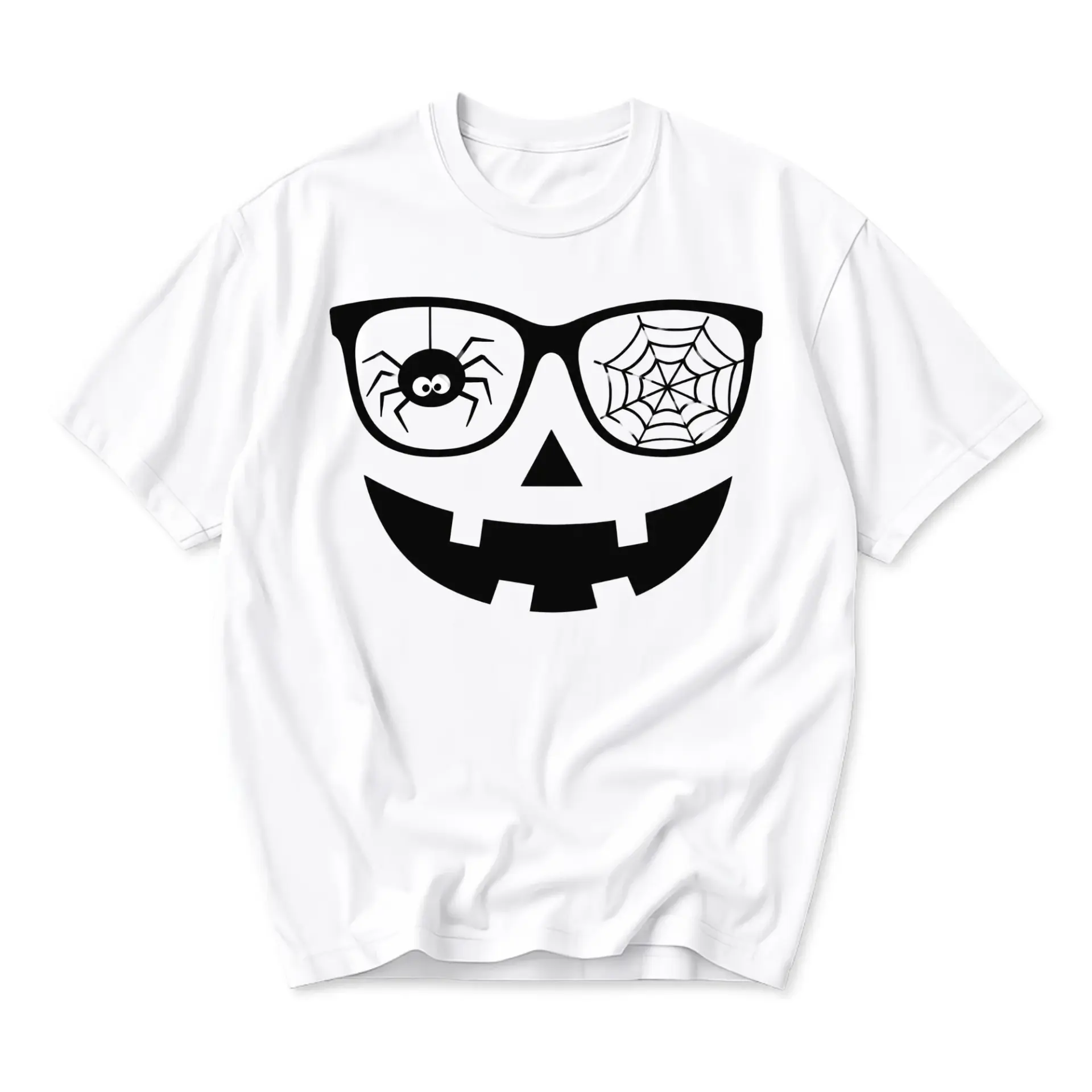 Graphic Tee Halloween Pumpkin Face with Spider and Web Glasses Unisex Crew Neck Short Sleeve Casual Cotton T-Shirt