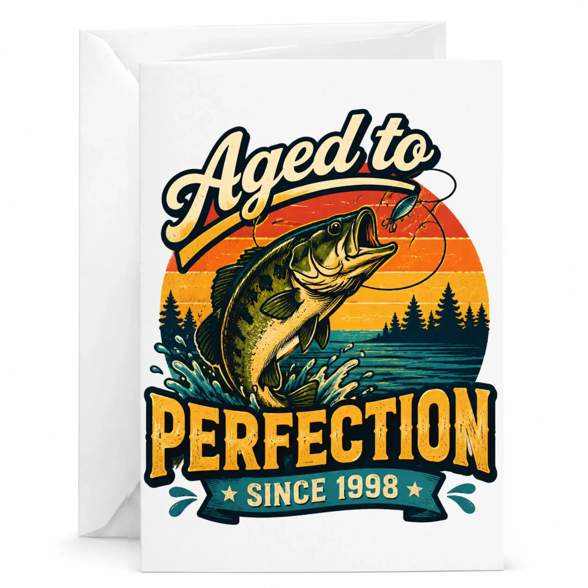 Funny Fishing Birthday Card Aged to Perfection Since 1998 Vintage Bass Illustration Greeting Card with White Envelope