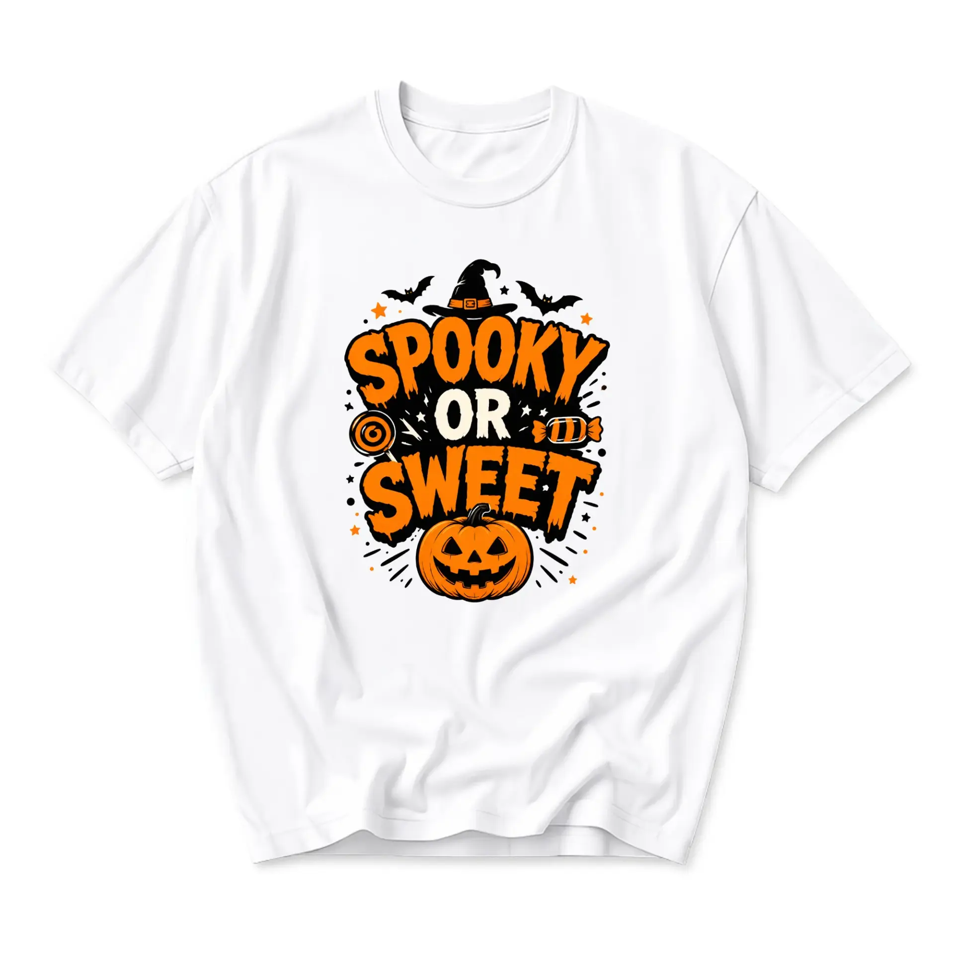 Funny Shirt Spooky or Sweet Halloween Graphic Tee Unisex Crew Neck Casual Everyday Wear Soft Cotton Blend White T-Shirt