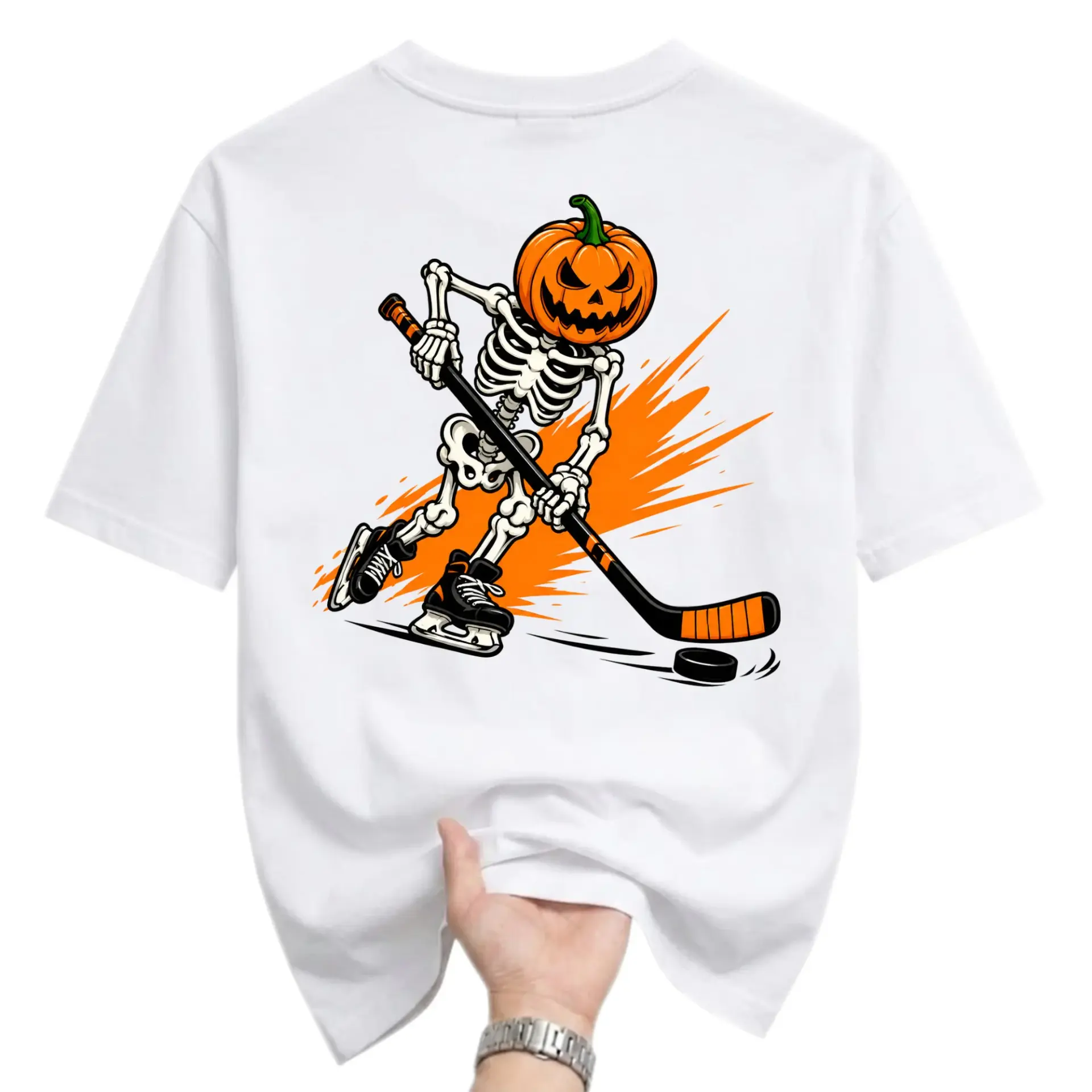 Funny Shirt Skeleton Hockey Player Pumpkin Head Graphic Tee Casual Short Sleeve Unisex Cotton Blend Crew Neck Apparel