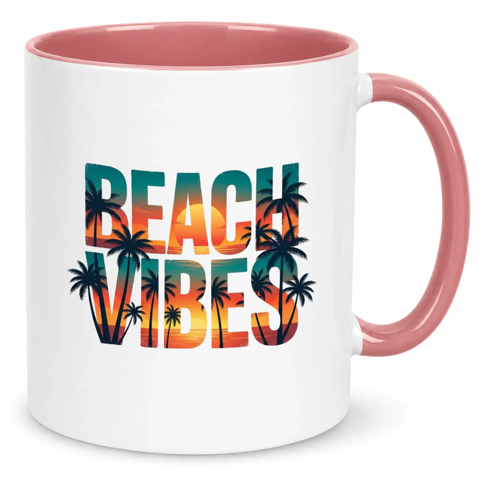Beach Vibes Ceramic Coffee Mug with Tropical Sunset Palm Tree Design, Two-Tone White and Pink Interior, Ideal for Summer Drinkware