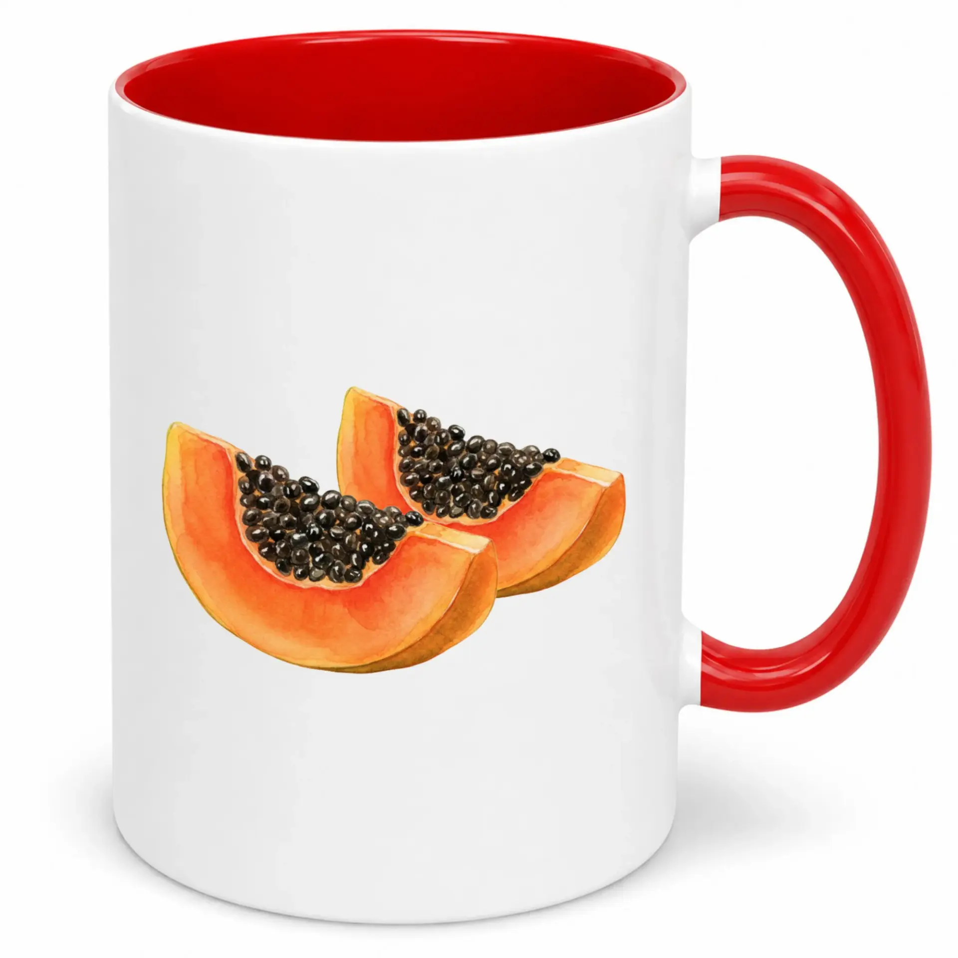 Ceramic Coffee Mug with Vibrant Papaya Fruit Slice Design and Red Handle Interior, 11 Oz or 15 Oz Kitchen Beverage Cup