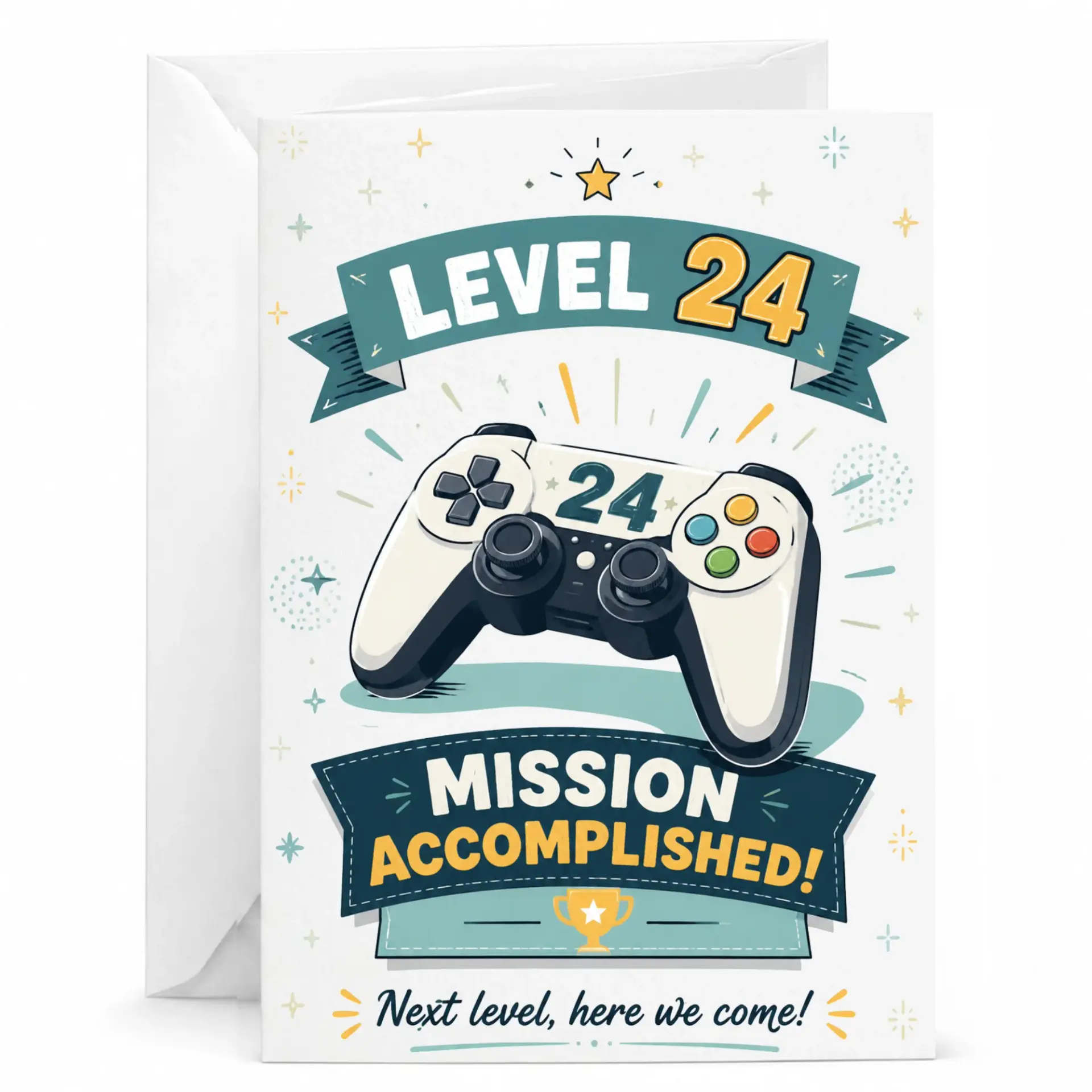 Greeting Card Level 24 Mission Accomplished Video Game Theme Birthday Card for Milestone Celebration 5x7 Inches
