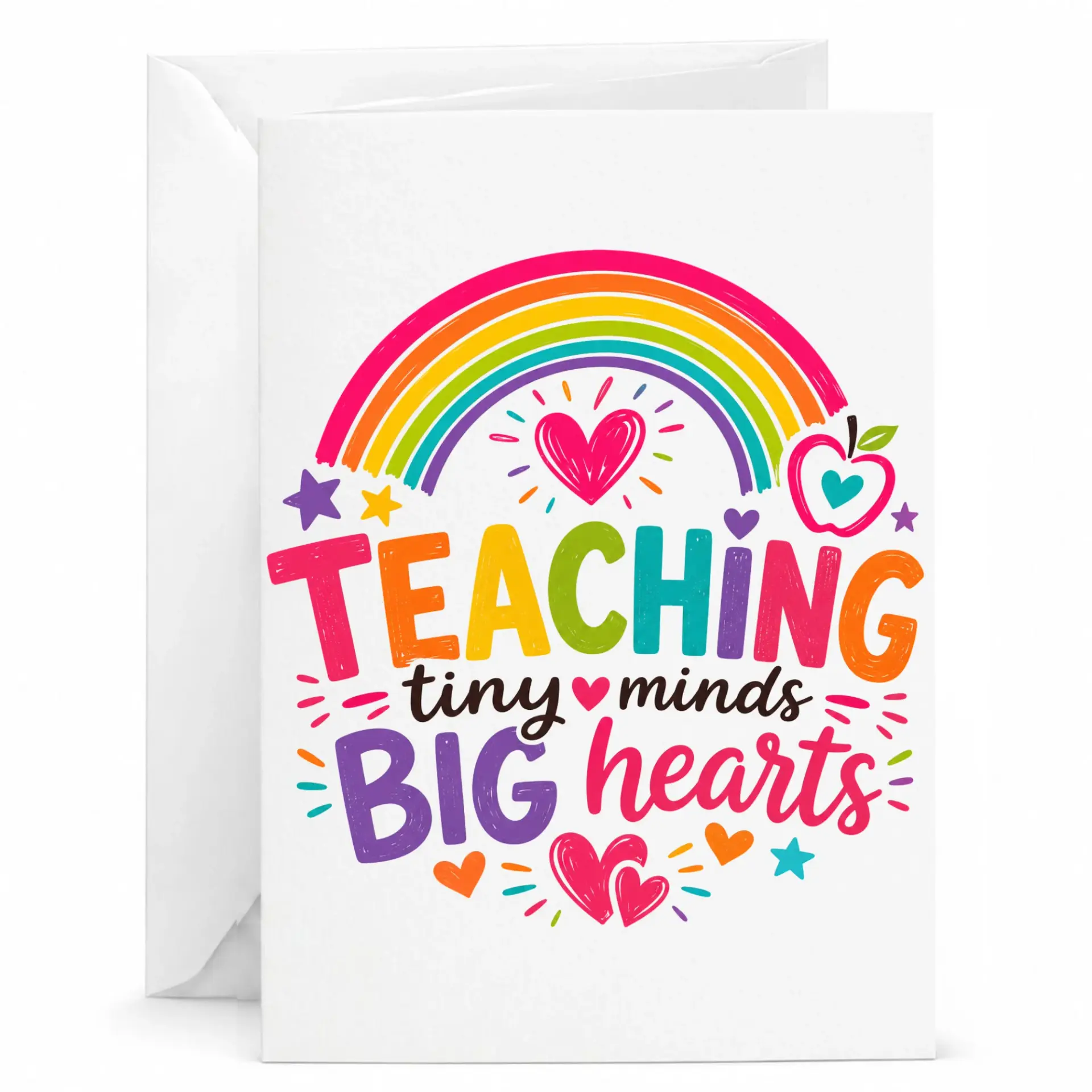 Greeting Card Teaching Tiny Minds Big Hearts Rainbow Design 5x7 Folded Note for Educators and Professionals