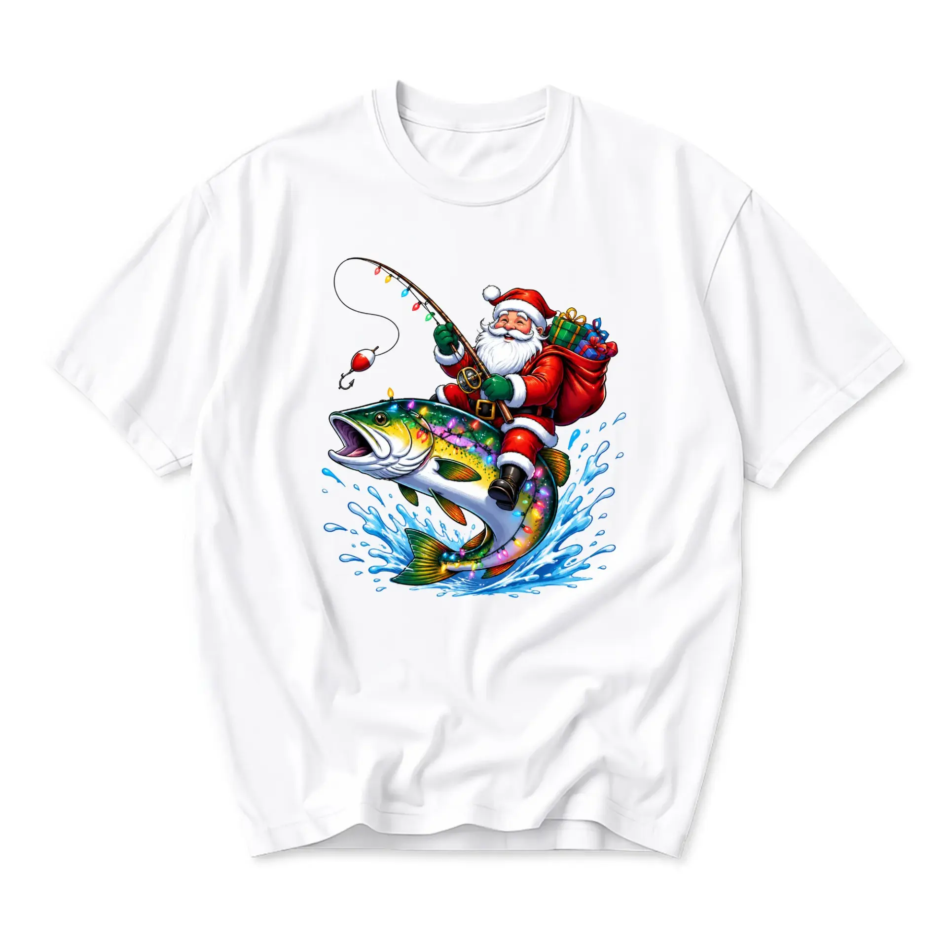 Graphic Tee Unisex Holiday Fishing Santa Claus Print Casual Crew Neck