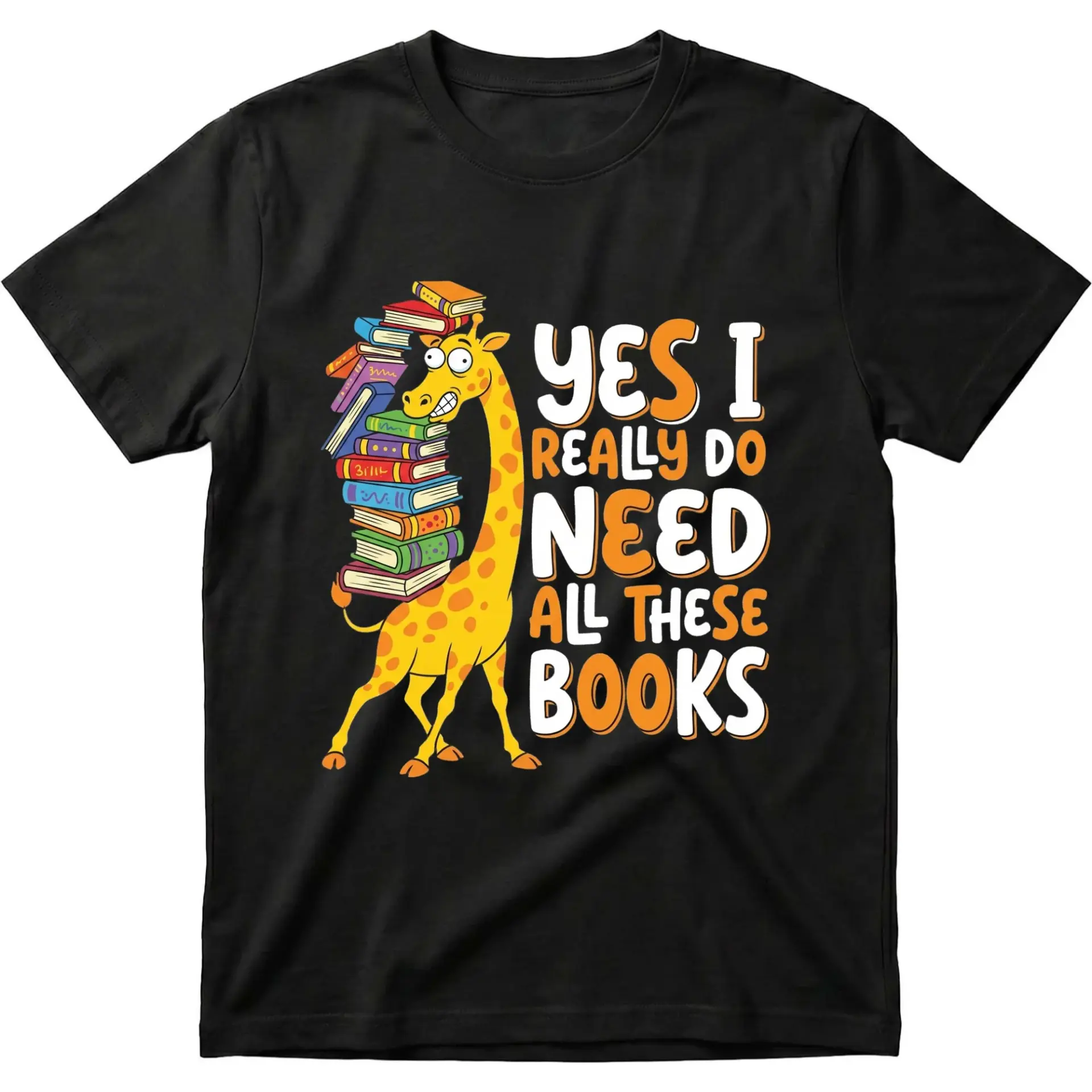 Graphic Tee Unisex Funny Book Lover Shirt for Readers Featuring a Cute Giraffe Carrying a Large of Books