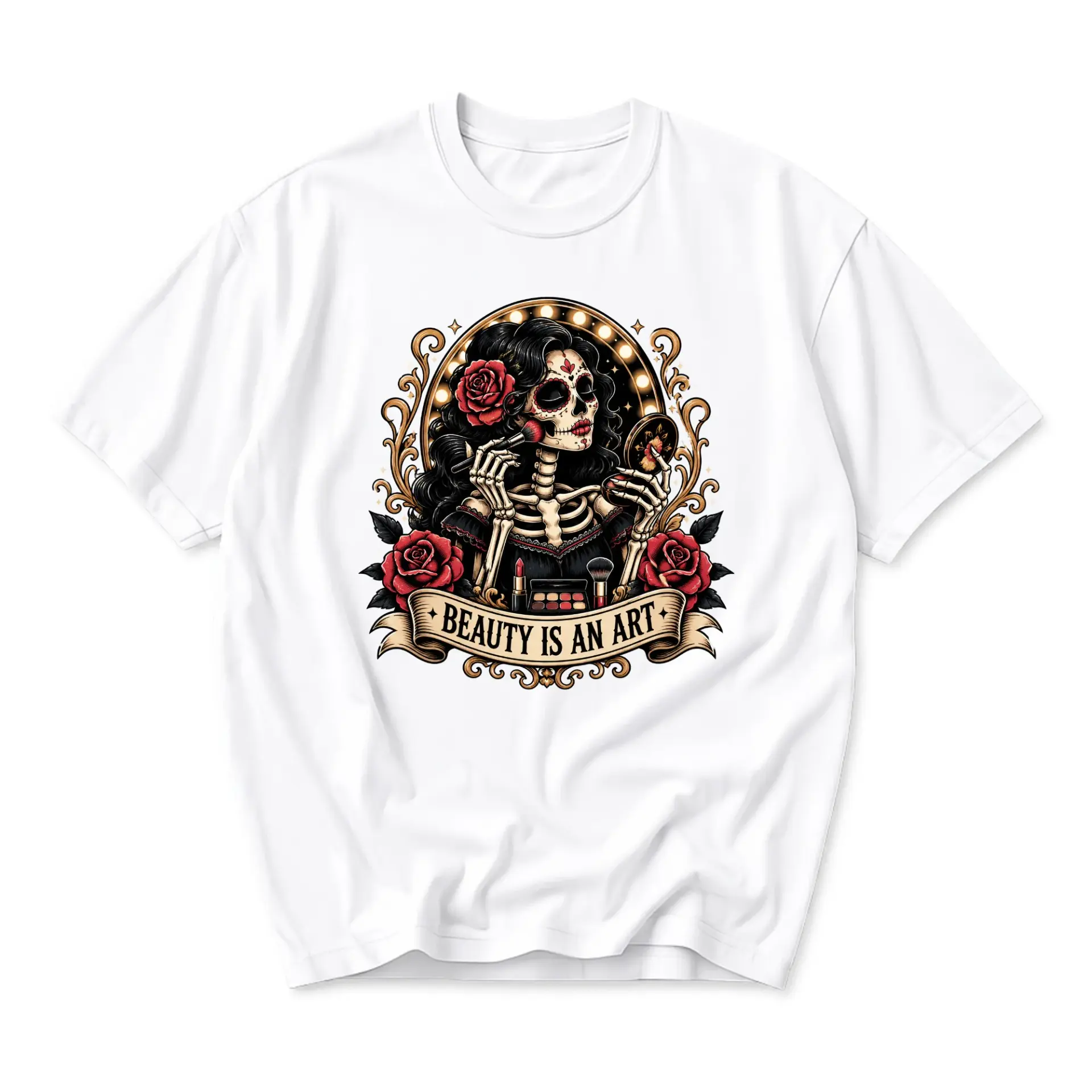 Graphic Tee Beauty Is an Art Skeleton Makeup Unisex Short Sleeve Crew Neck Cotton Casual Everyday Apparel Shirt