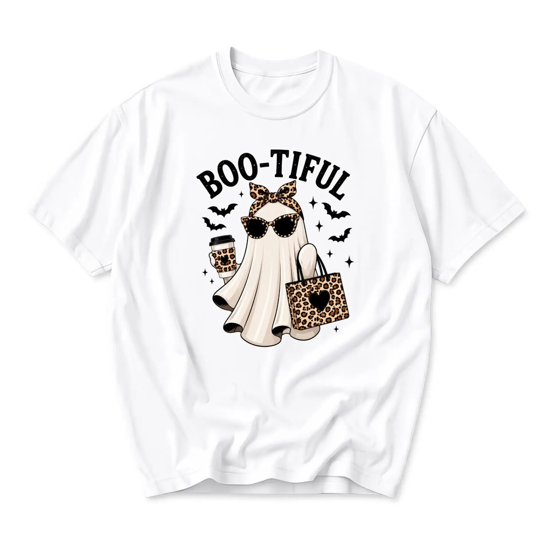Funny Shirt Boo-Tiful Ghost Graphic Tee Casual Unisex Crew Neck Top for Fall Season Apparel Gift for Spooky Holiday Lovers