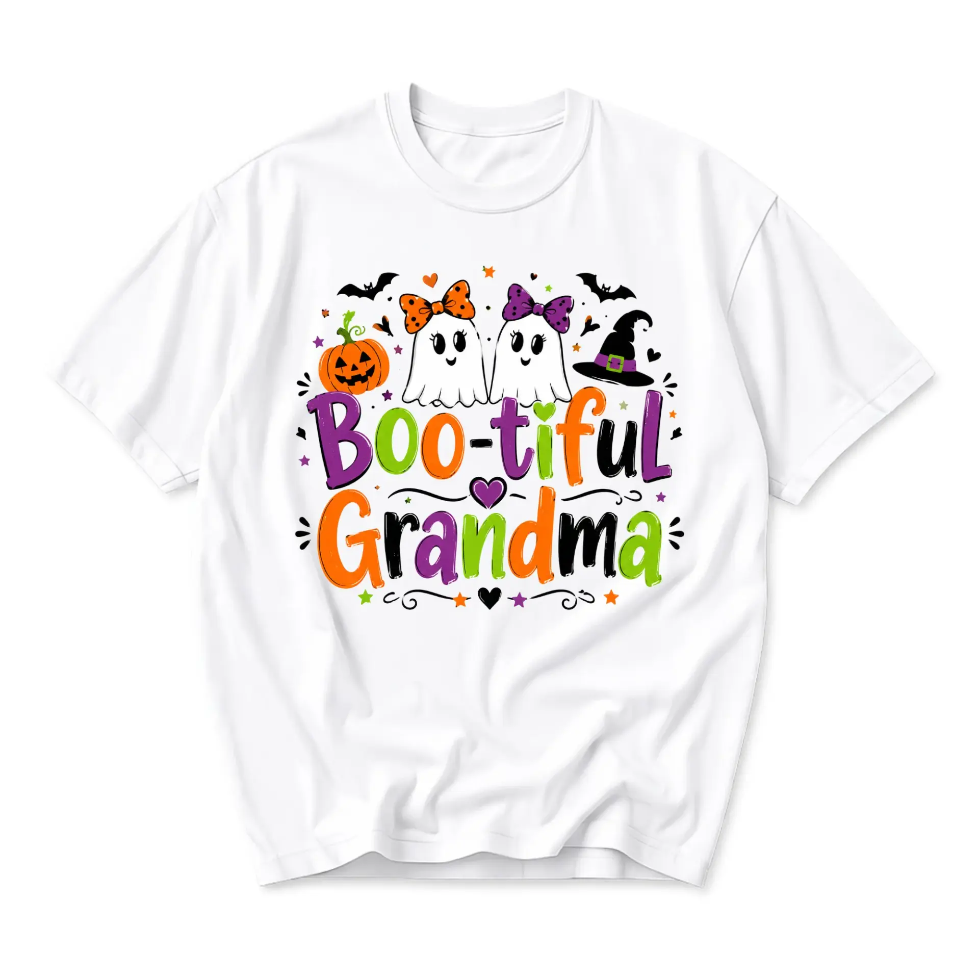 Funny Shirt Boo-Tiful Grandma Halloween Graphic Tee Comfortable Unisex Crew Neck Casual Cotton Blend Fall Apparel