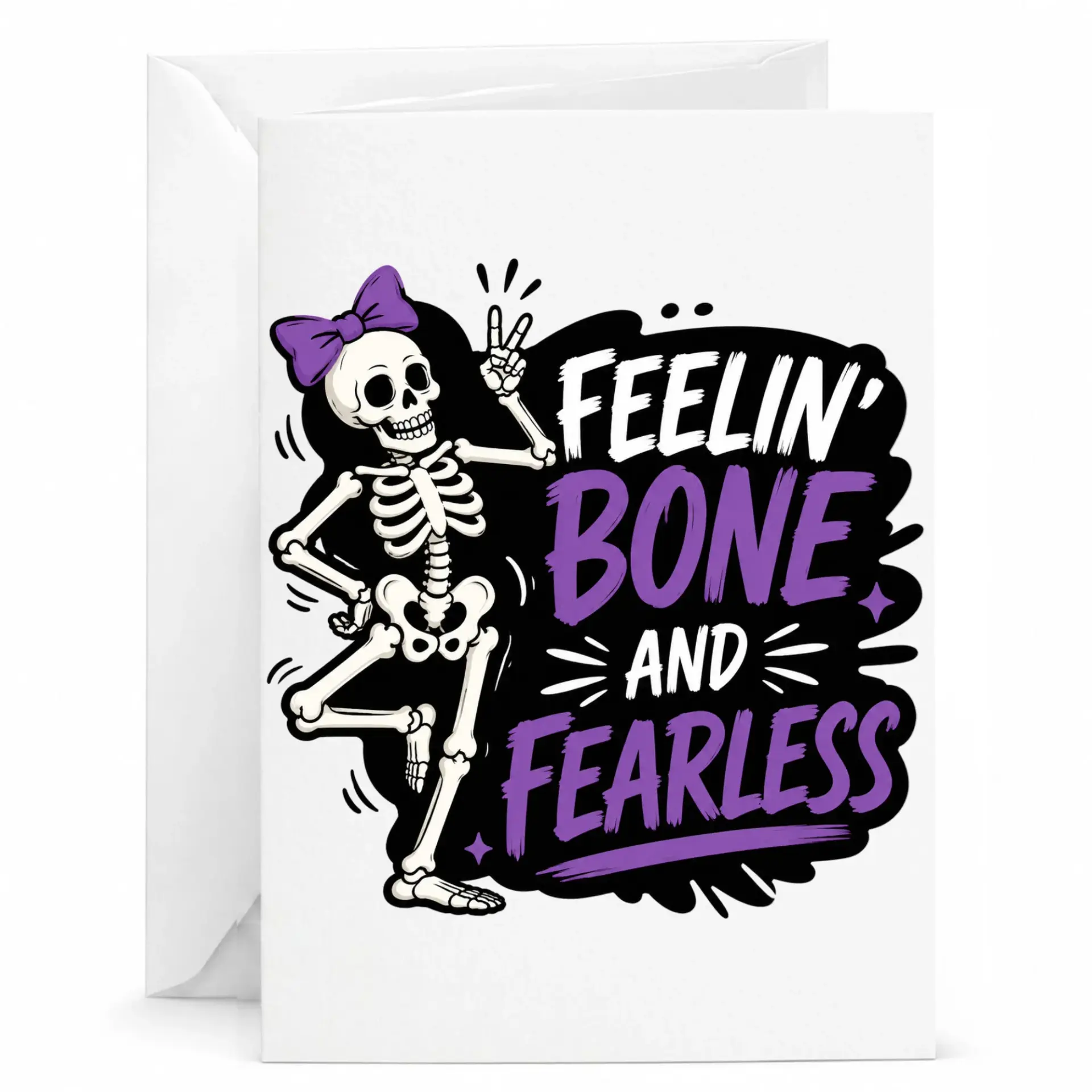 Funny Skeleton Greeting Card, Feelin Bone and Fearless Pun Design, Whimsical Illustration Note Card for Encouragement