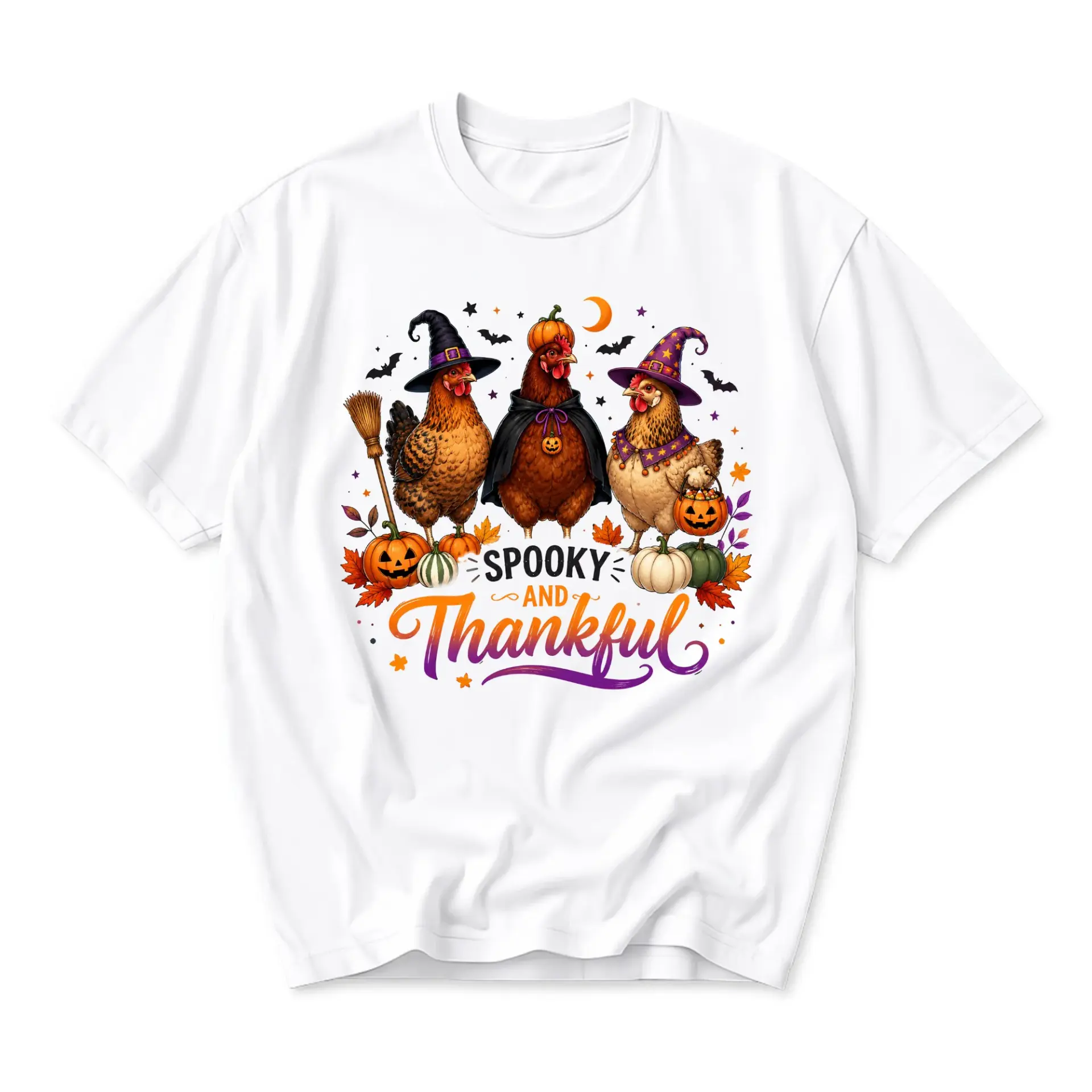 Funny Shirt Spooky and Thankful Chicken Halloween Graphic Tee Unisex Crew Neck Seasonal Casual Apparel White T-Shirt
