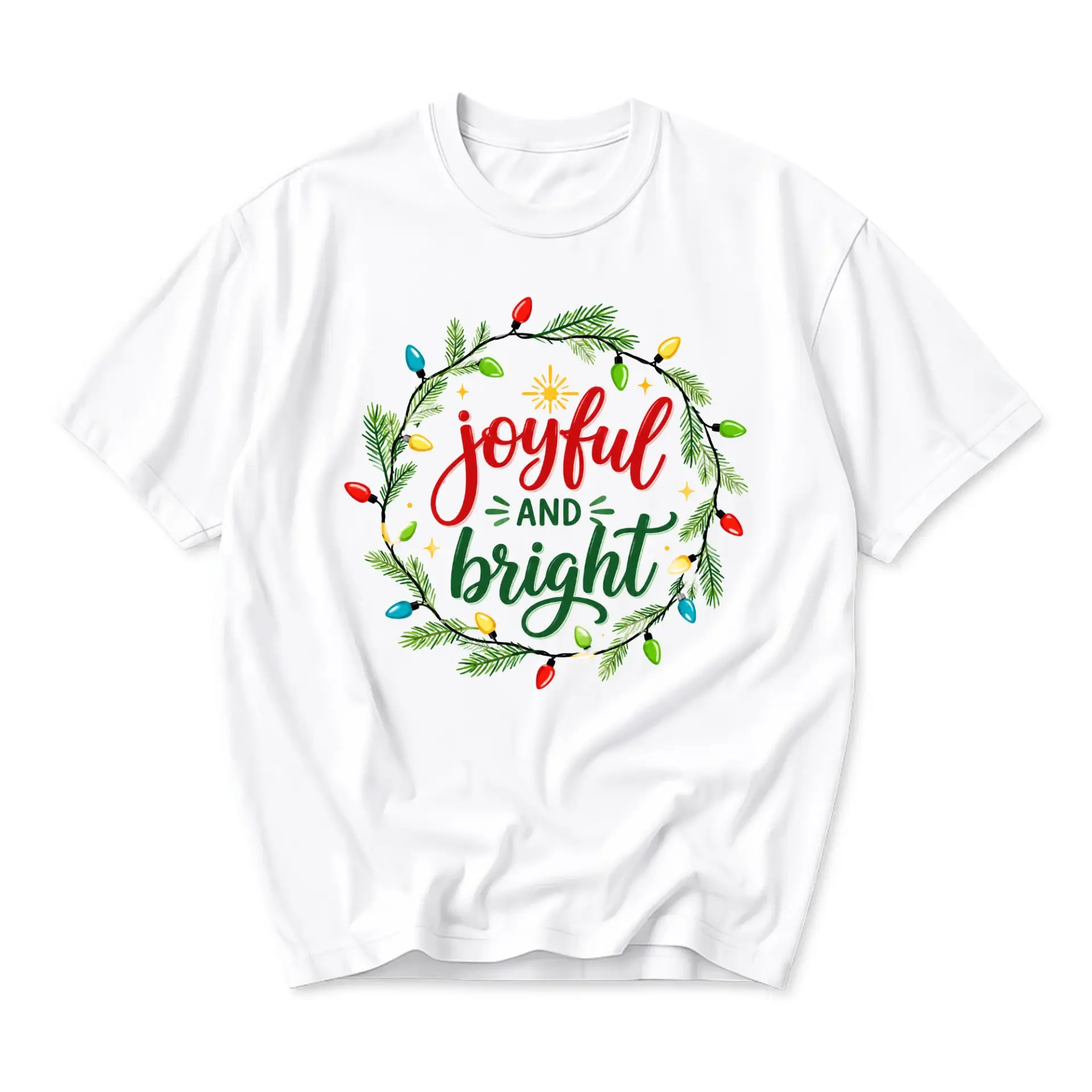 T-shirt Joyful and Bright Christmas Holiday Graphic Tee Unisex Short Sleeve Crew Neck Seasonal Apparel White Shirt
