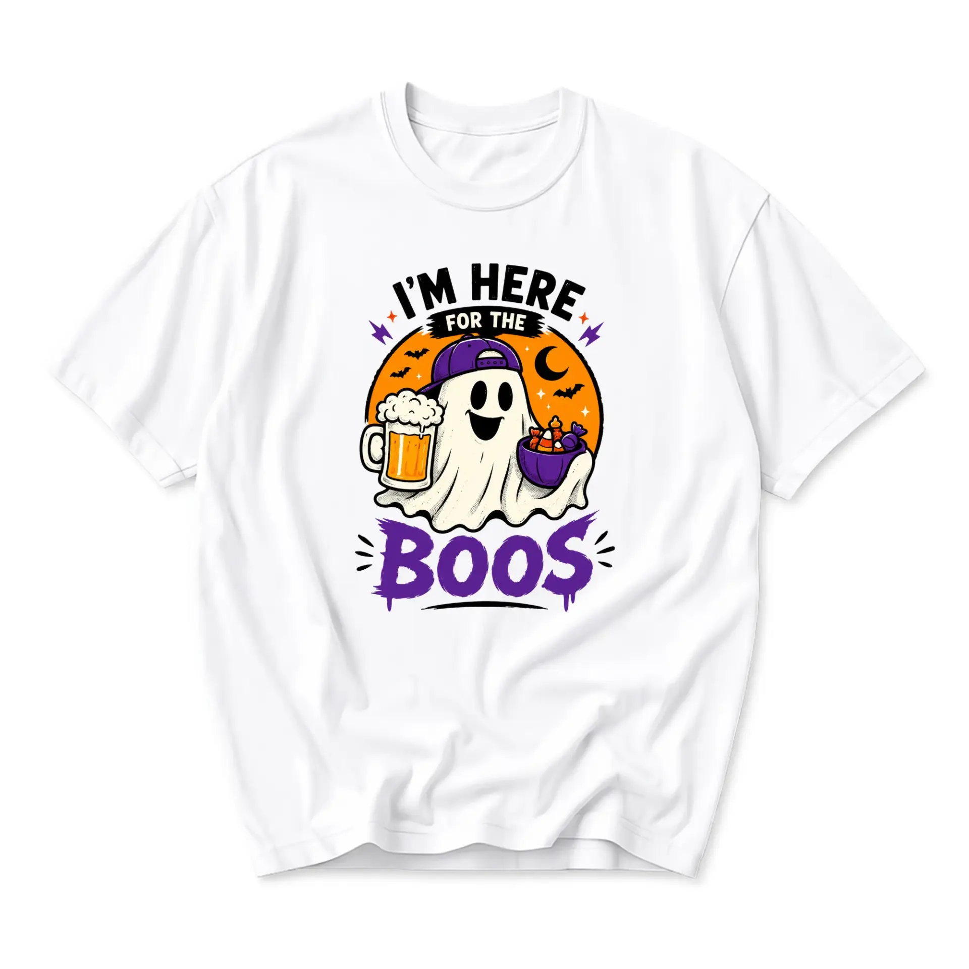 Funny Shirt I'm Here for the Boos Graphic Tee Casual Unisex Crew Neck Short Sleeve Cotton Blend Halloween Party Top