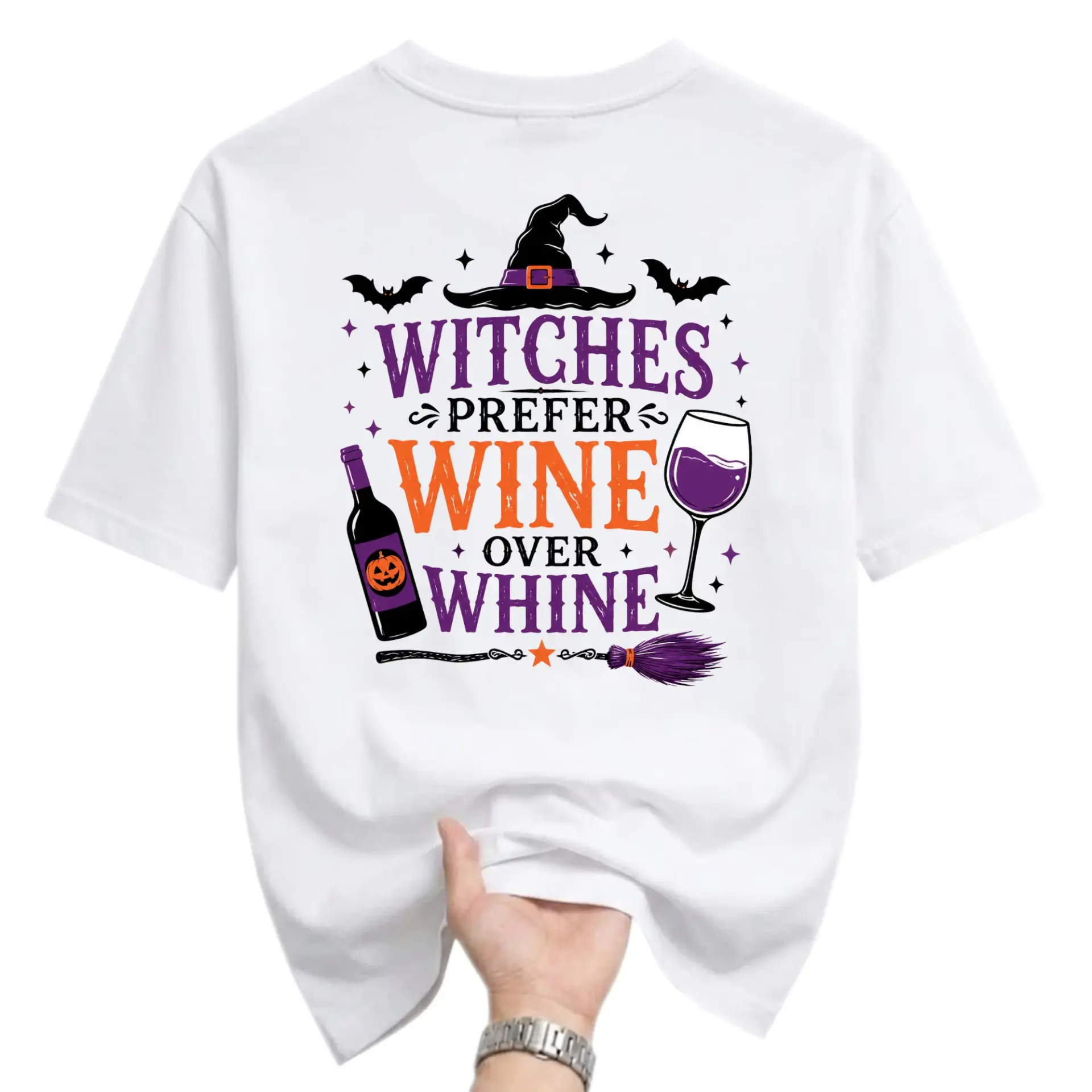 Funny Shirt Witches Prefer Wine over Whine Graphic Tee Unisex Casual Crew Neck Holiday Autumn Party Short Sleeve Top