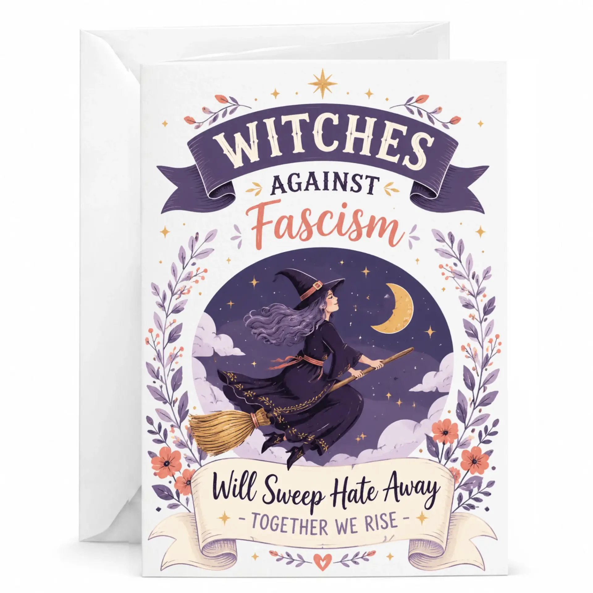 Funny Witch Theme Greeting Card Witches Against Fascism Hate Illustration for Activist Friends and Family